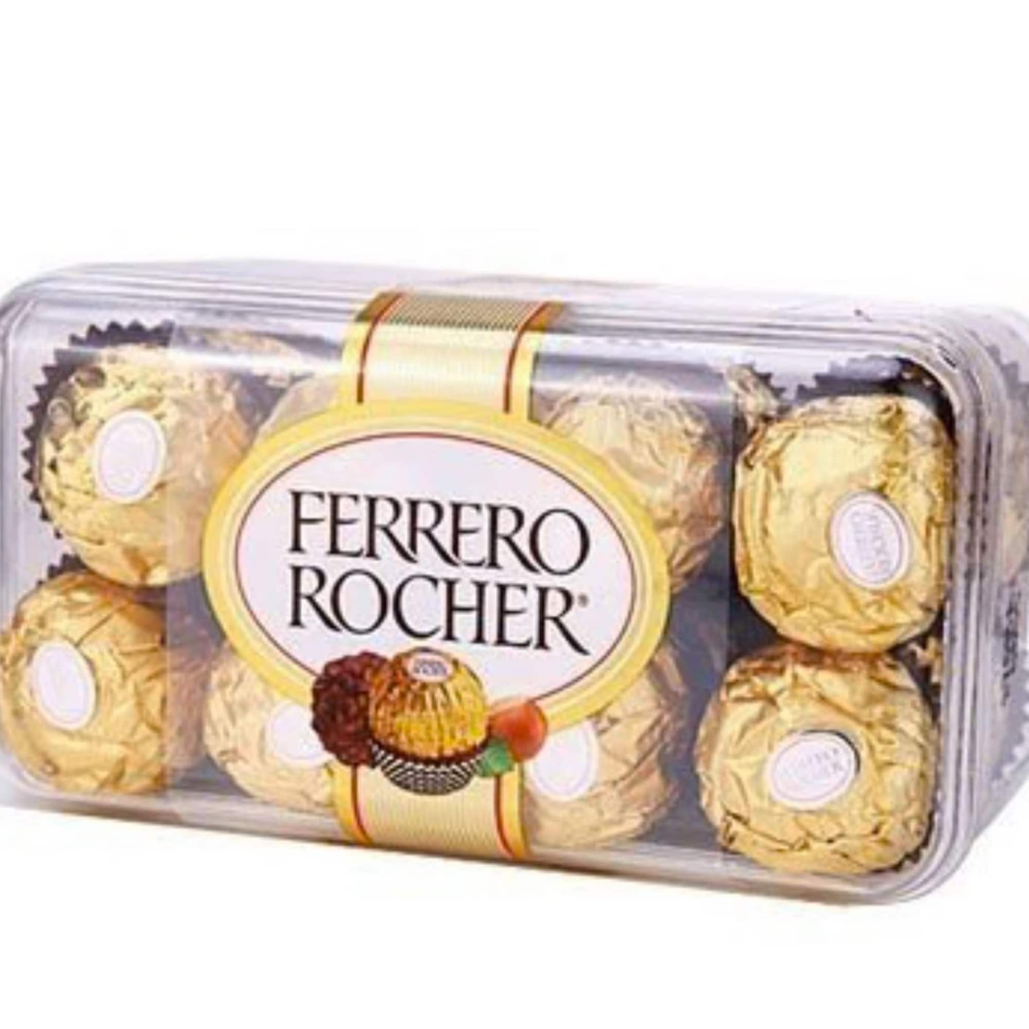 Ferrero Rocher chocolates in a clear plastic gift box