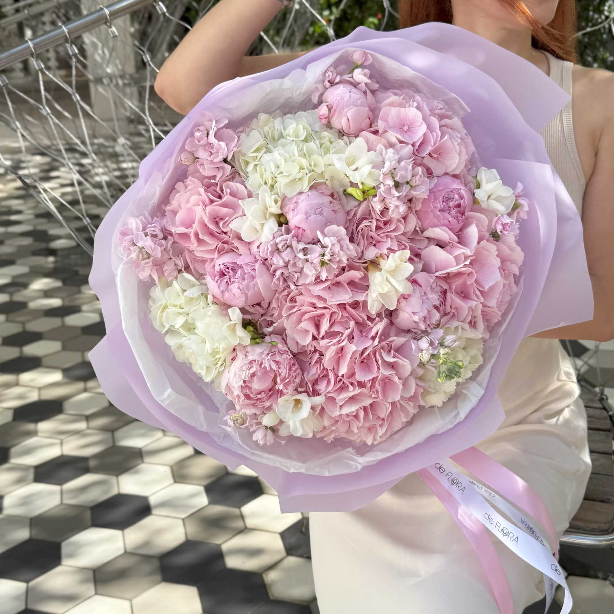 Large pink and white bouquet wrapped in lavender paper, photo 4 of 4