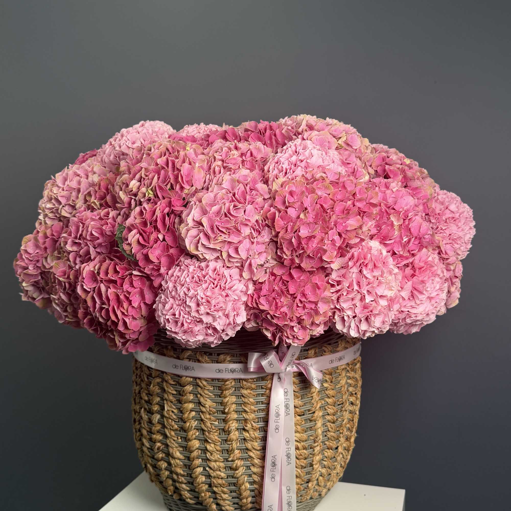 A soft, romantic statement piece featuring lush premium hydrangeas in layered shades