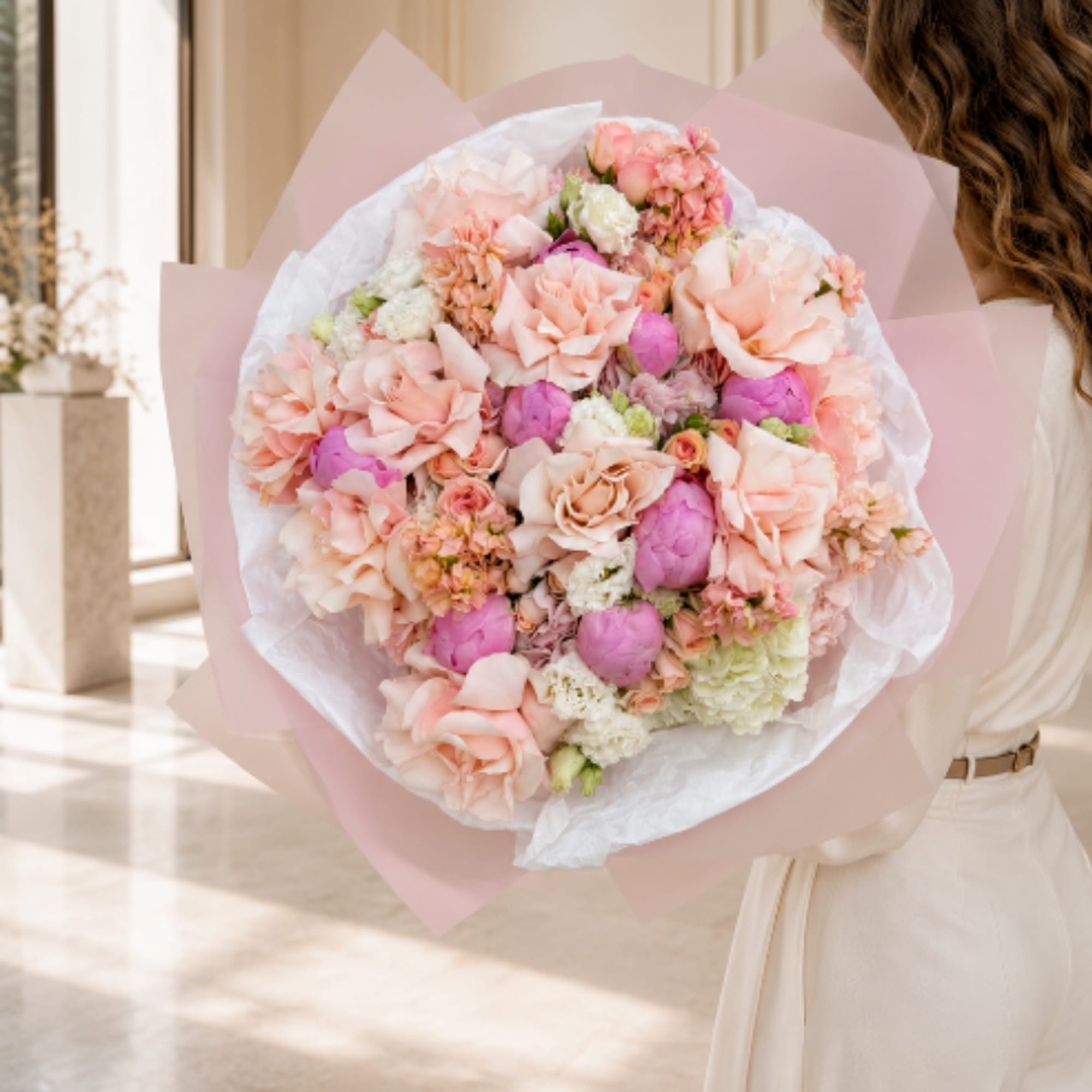 A breathtaking composition of premium blush garden roses, delicate peonies, hydrangeas, lisianthus