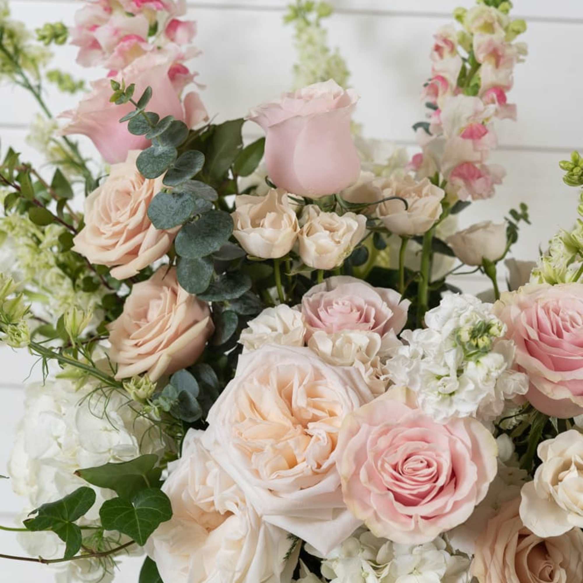 Pastel pink and cream roses in a glass vase with tall snapdragons