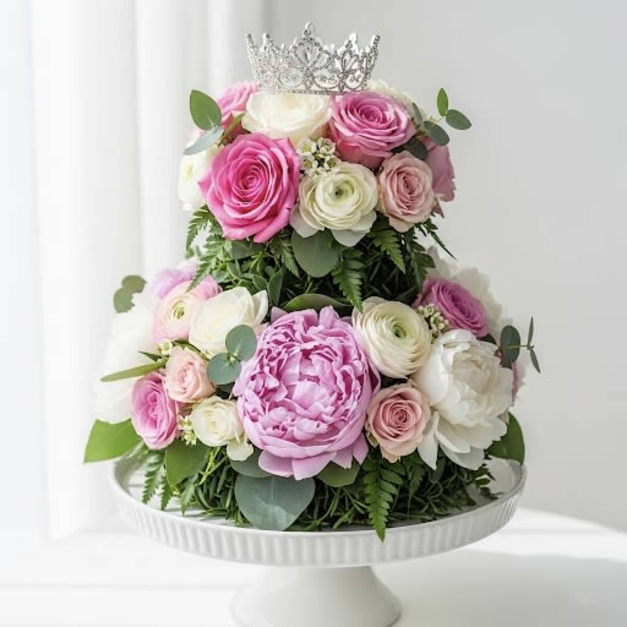 Pink and white roses arranged in a tiered cake shape with a crown topper