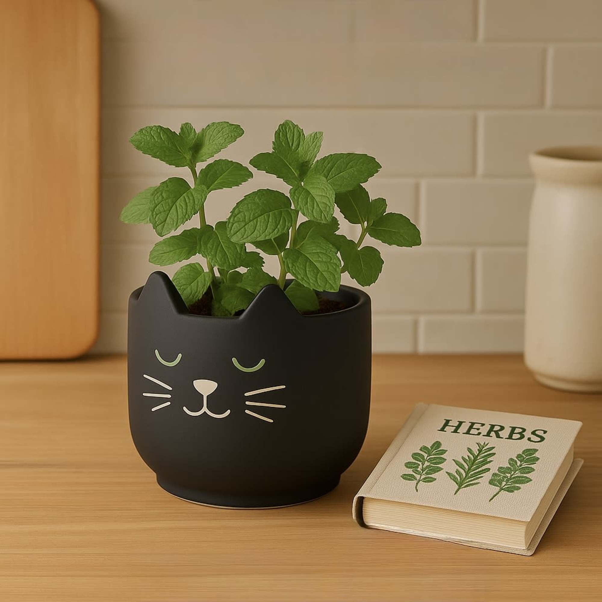 Potted herb plant in a black cat-face planter beside a small herb book