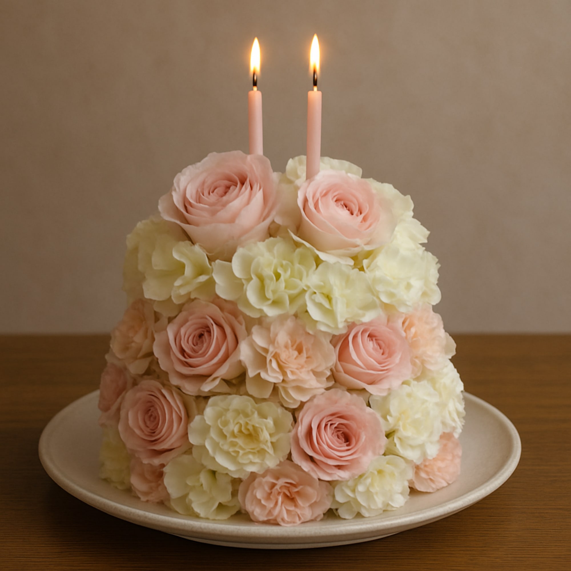 Pink roses and cream carnations arranged as a cake with two lit candles