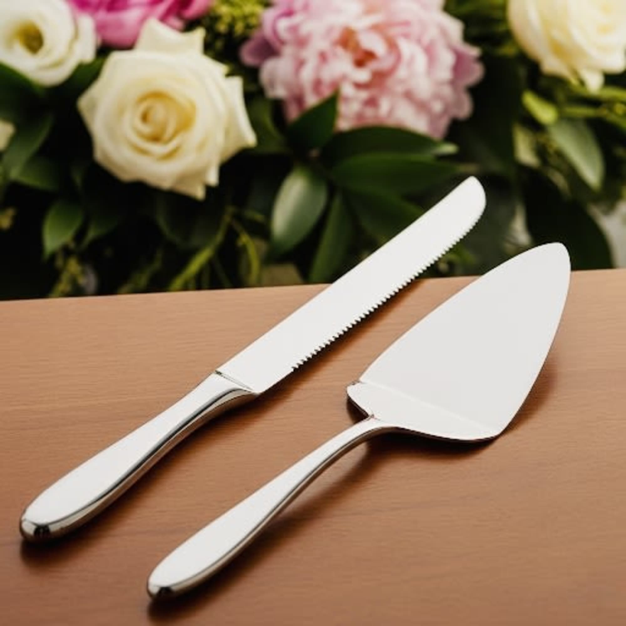 Silver cake knife and server on a wooden surface with blurred flowers behind