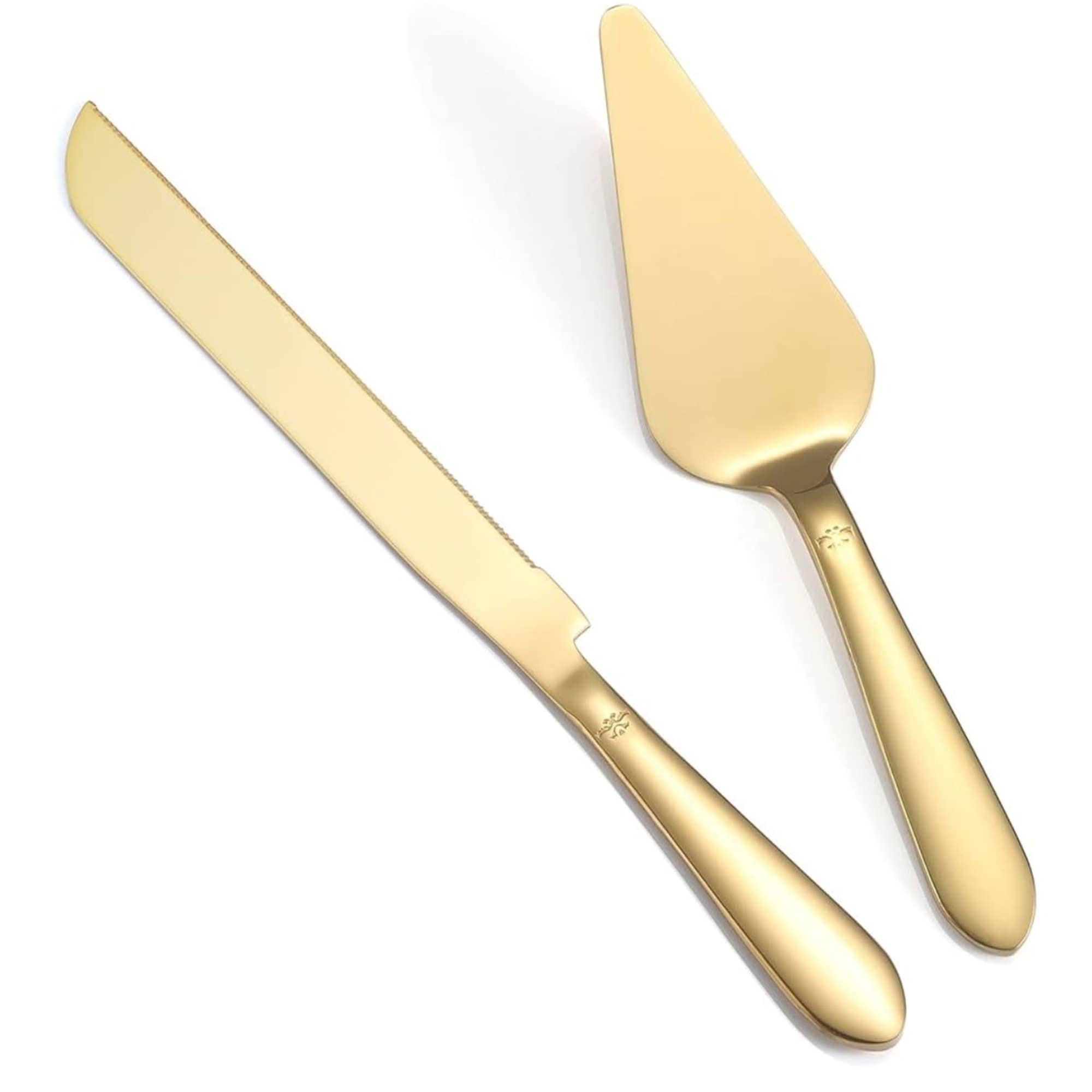 Gold cake knife and server set on a white background