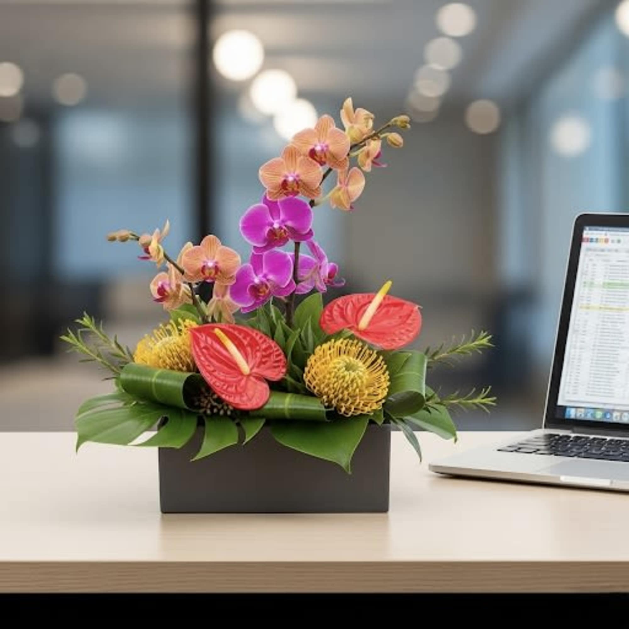 Tropical floral arrangement with orchids and anthuriums in a black box