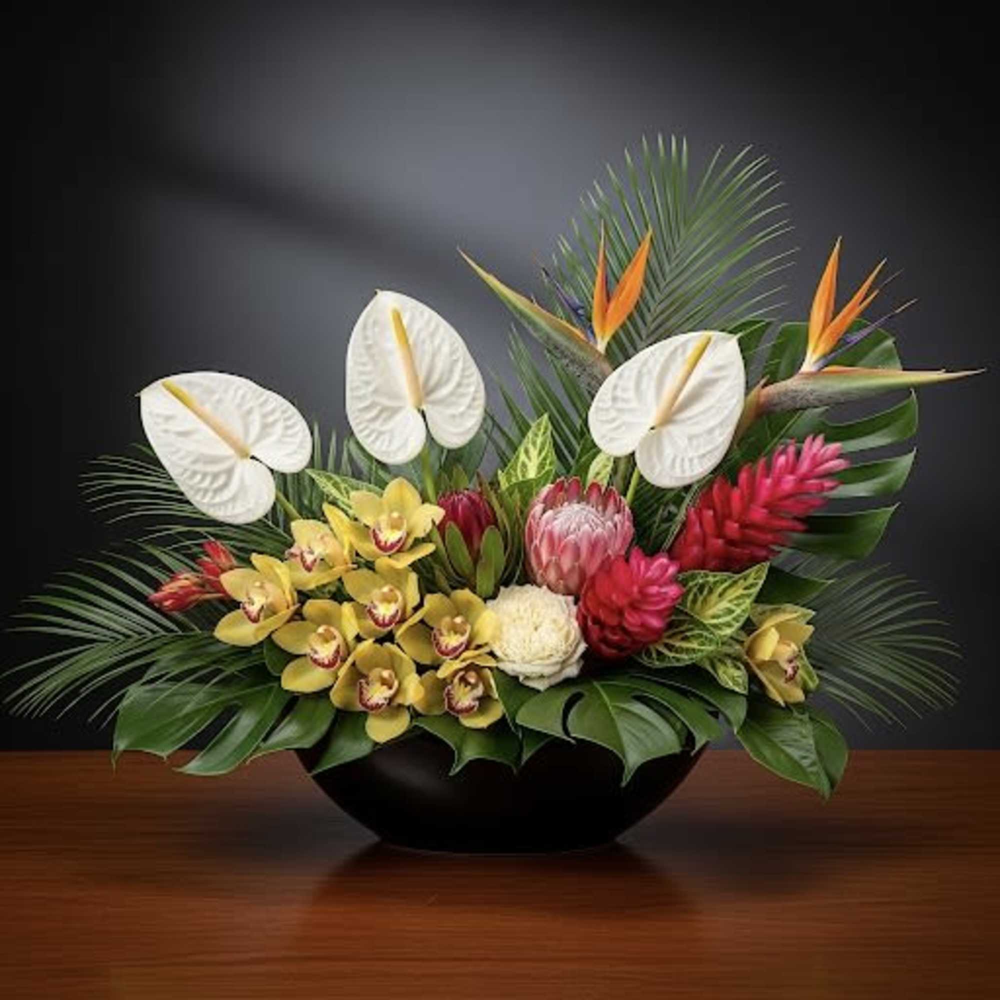 Tropical floral arrangement with white anthuriums, orchids, and red ginger in a black bowl
