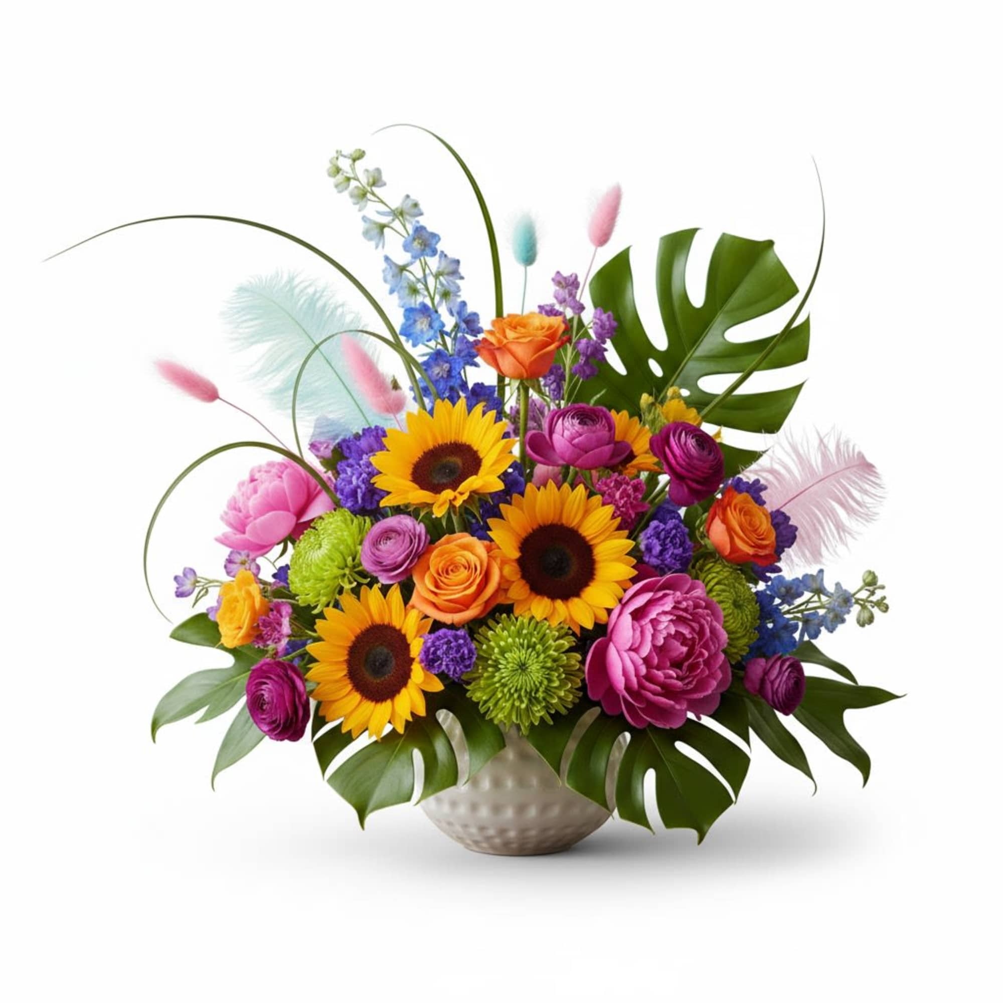 Colorful bouquet with sunflowers, roses, and mixed blooms in a round vase