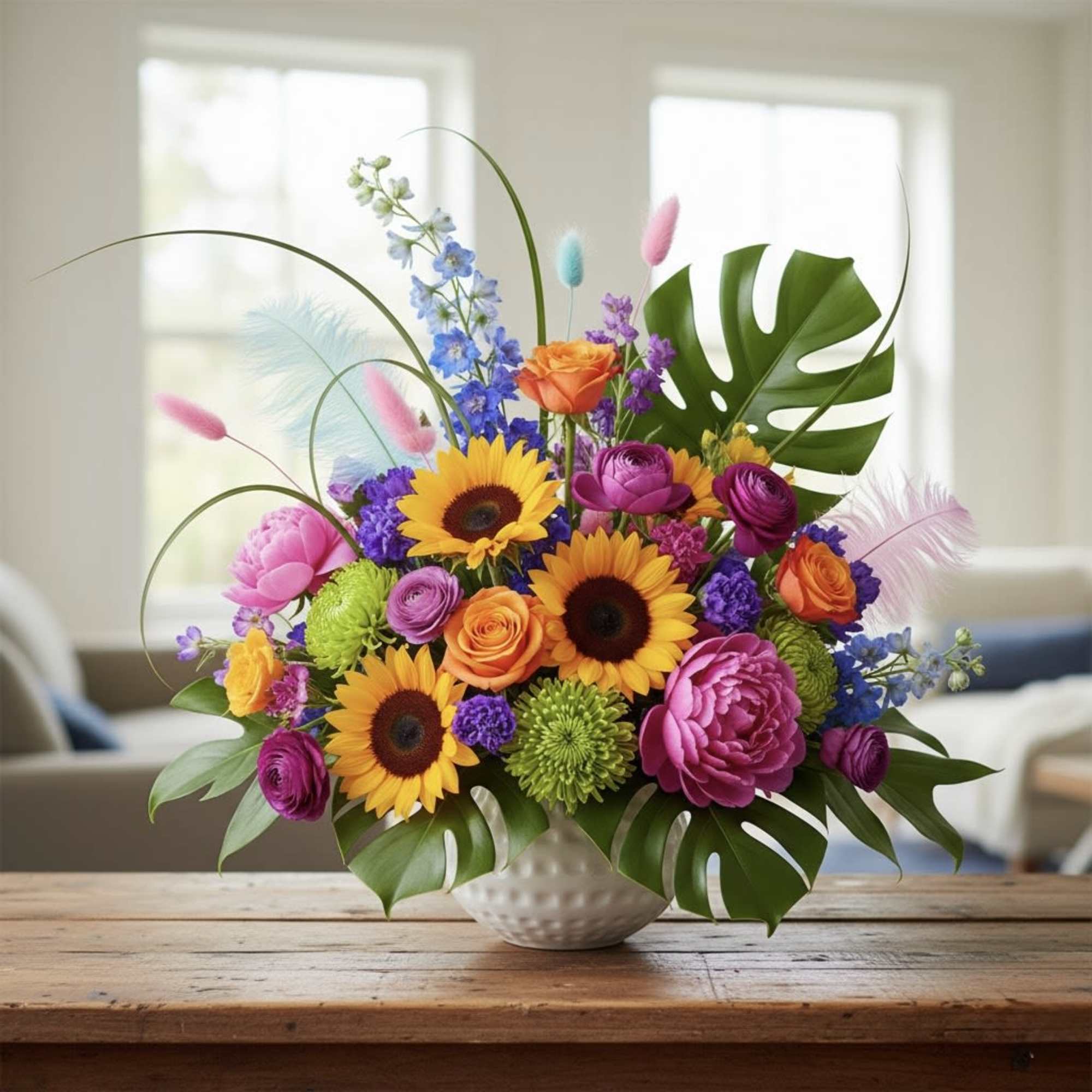 Colorful mixed bouquet in a white vase with sunflowers and roses