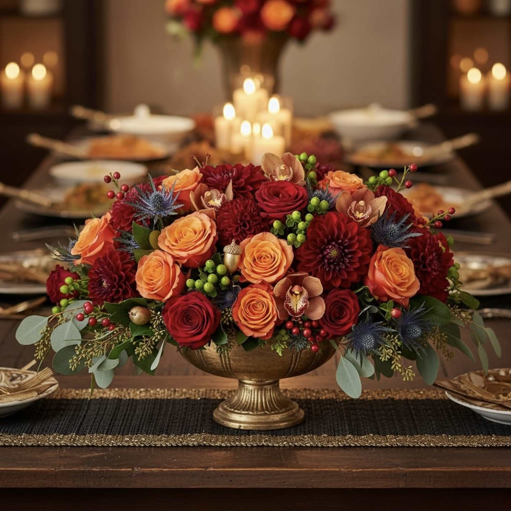 Low centerpiece of red and orange roses in a gold pedestal bowl