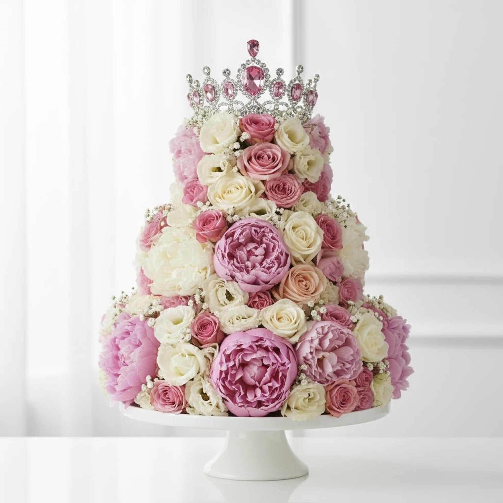Tiered pink and white floral cake with a jeweled crown topper