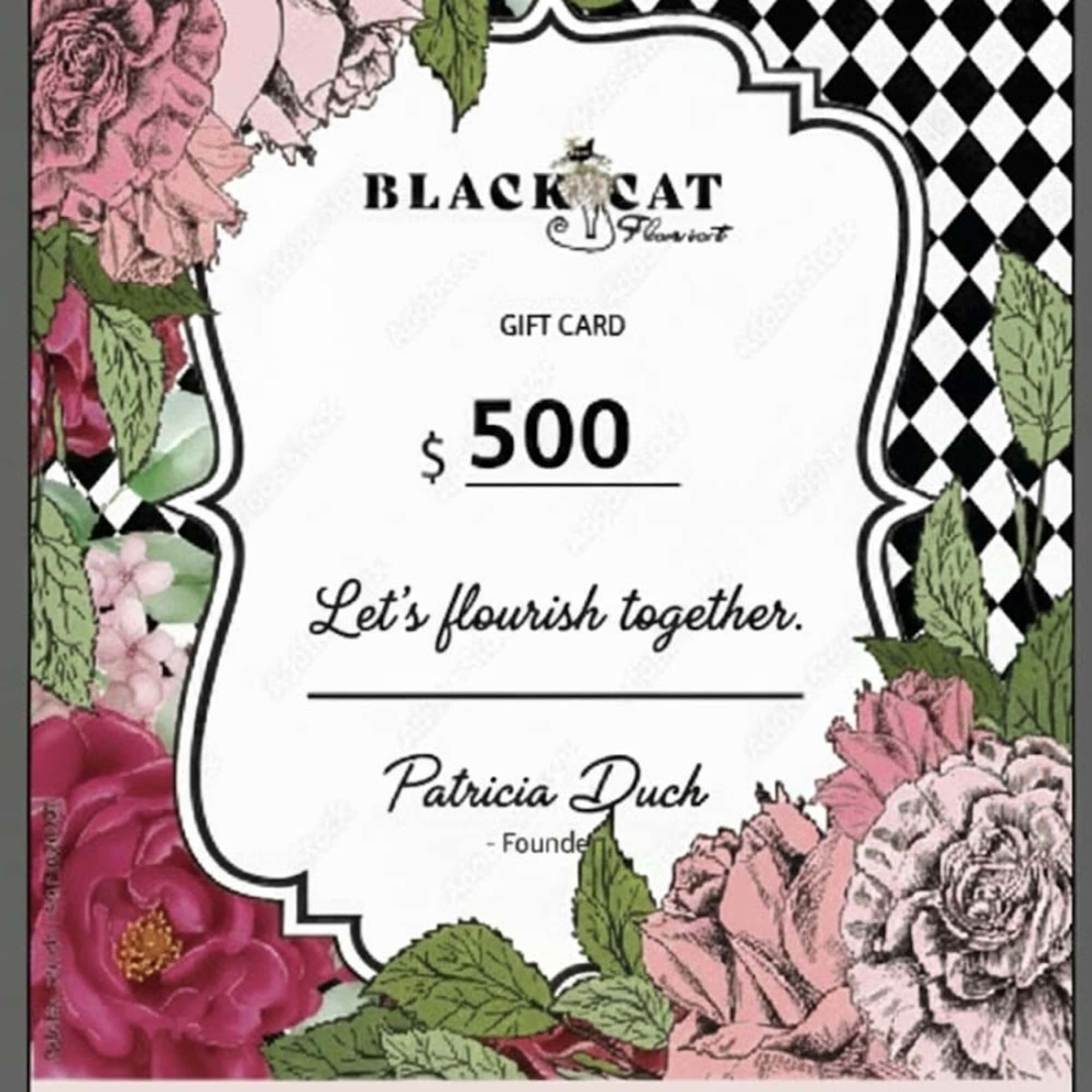Floral gift card with pink roses and black-and-white pattern