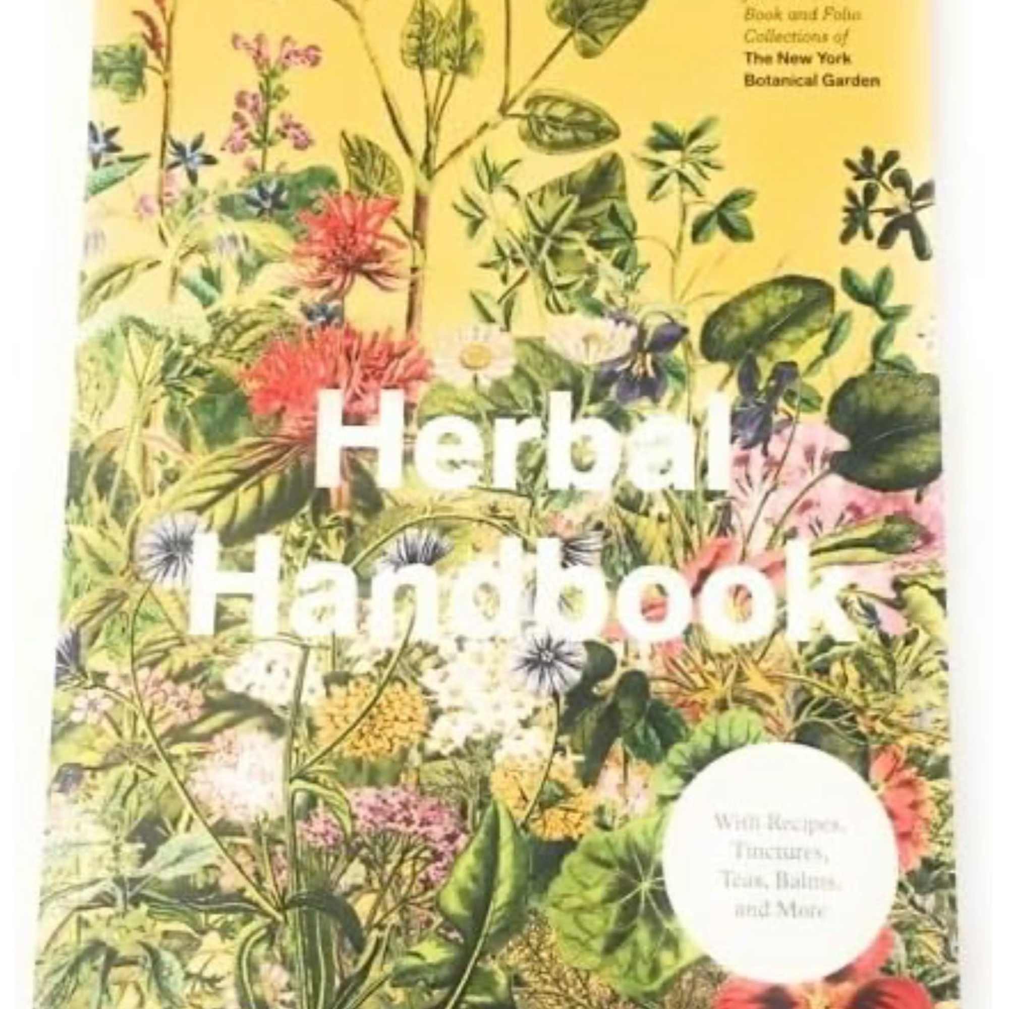Book cover with botanical illustrations and the title Herbal Handbook