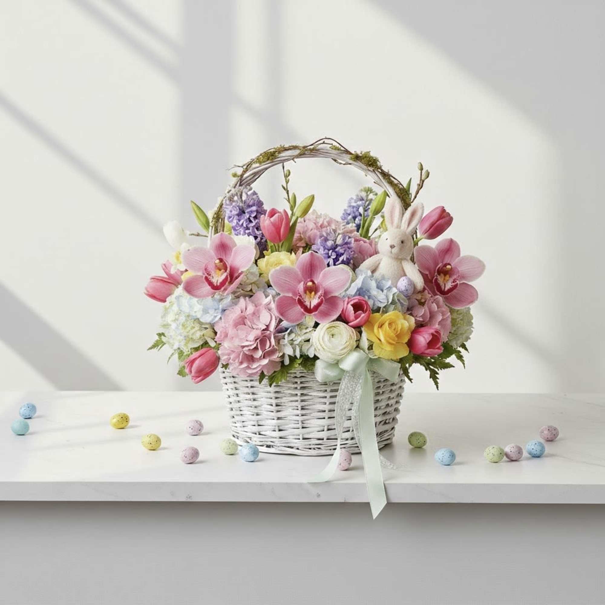 Pastel flower basket with a bunny decoration and ribbon