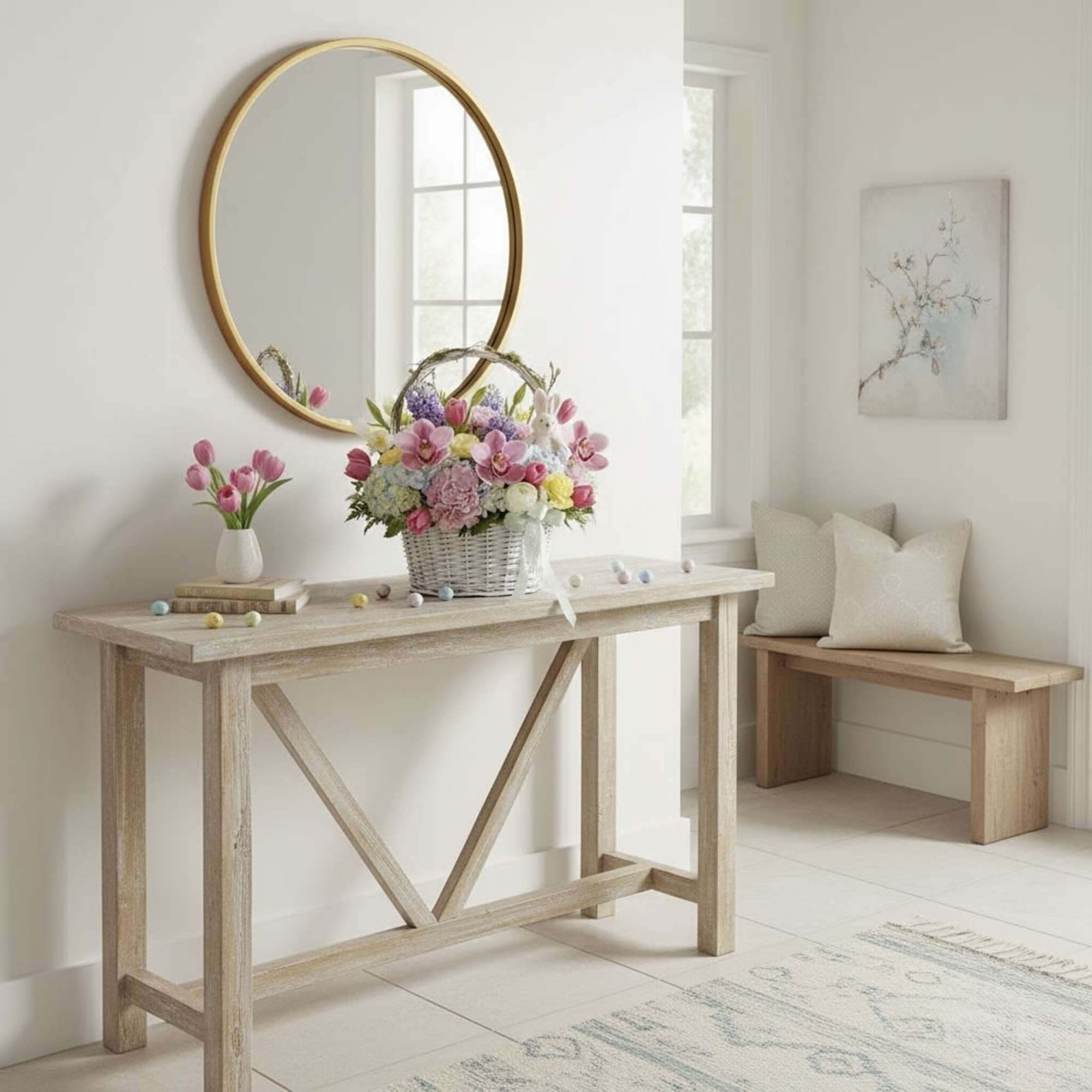 Basket of pastel flowers on a table with a small vase of tulips