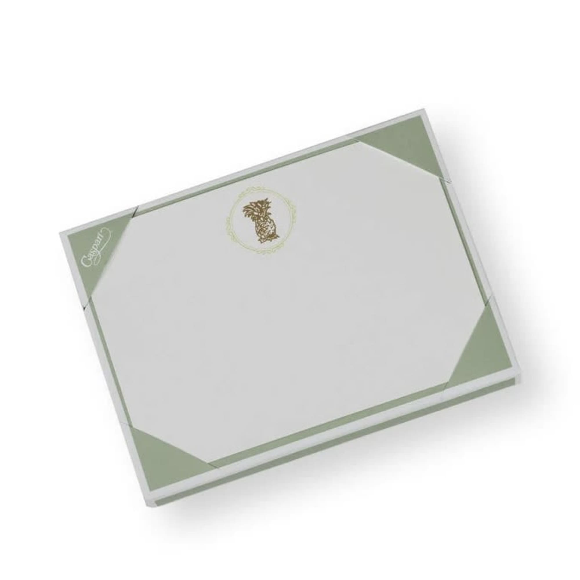 A white and pale green gift box with a decorative logo