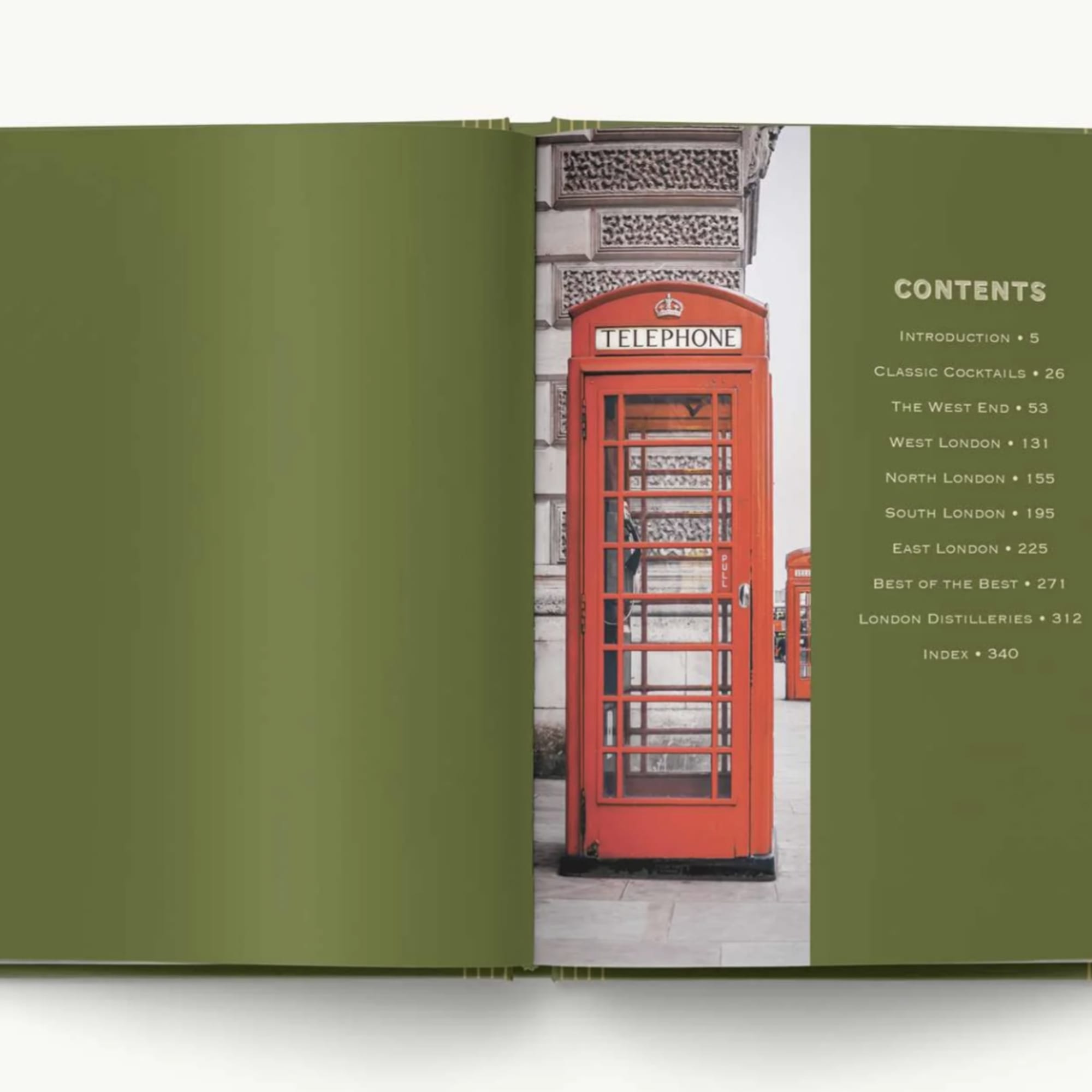 Open book showing a red telephone booth on a contents page.