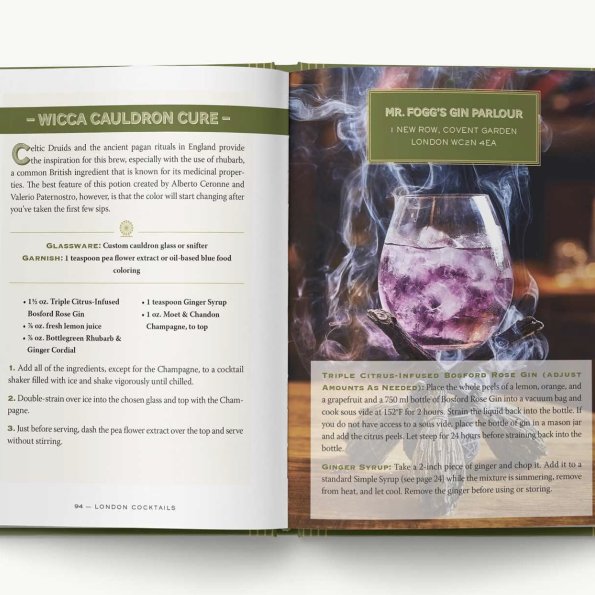 Open cocktail recipe book showing a smoky purple drink and text pages