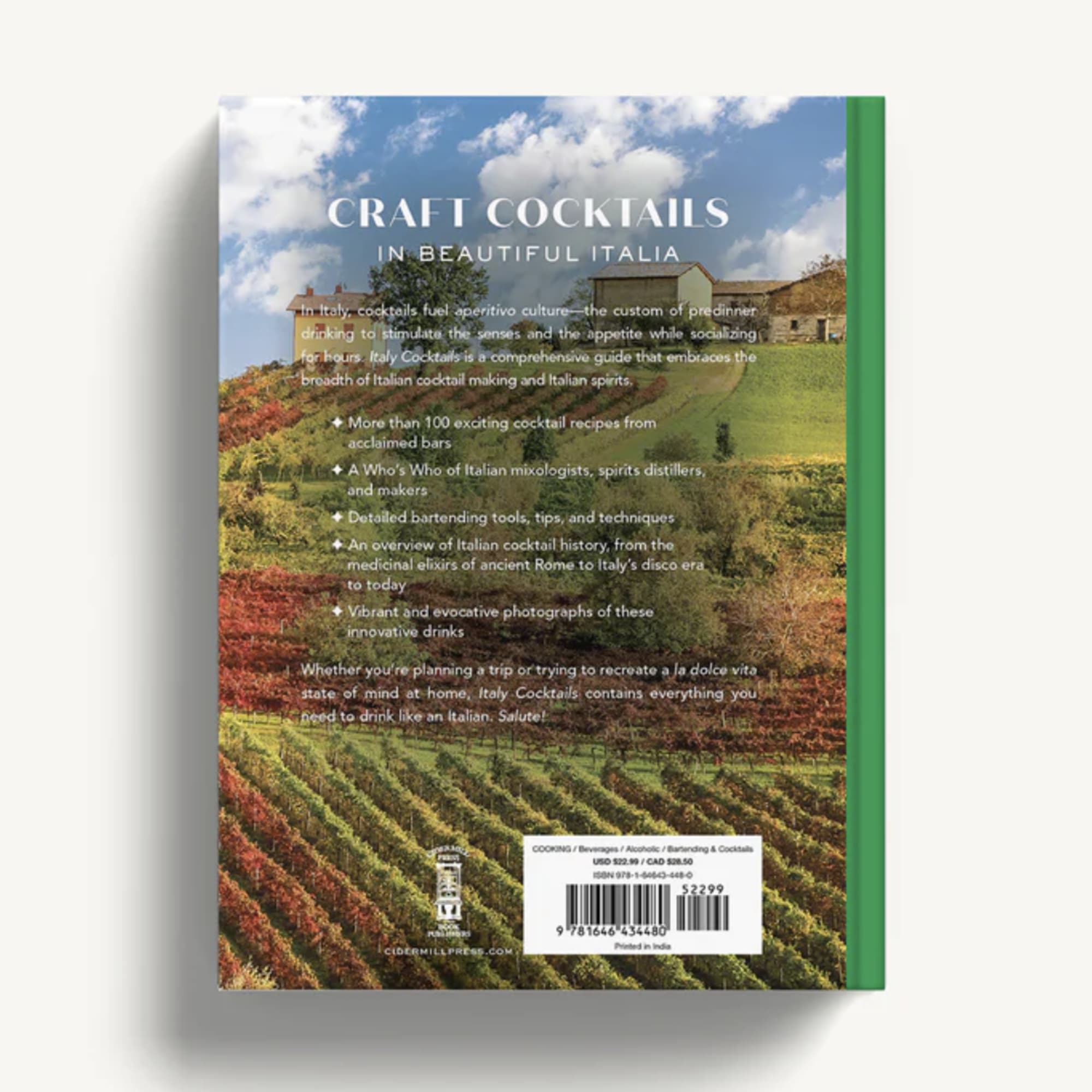 A cookbook with a vineyard landscape cover and green spine