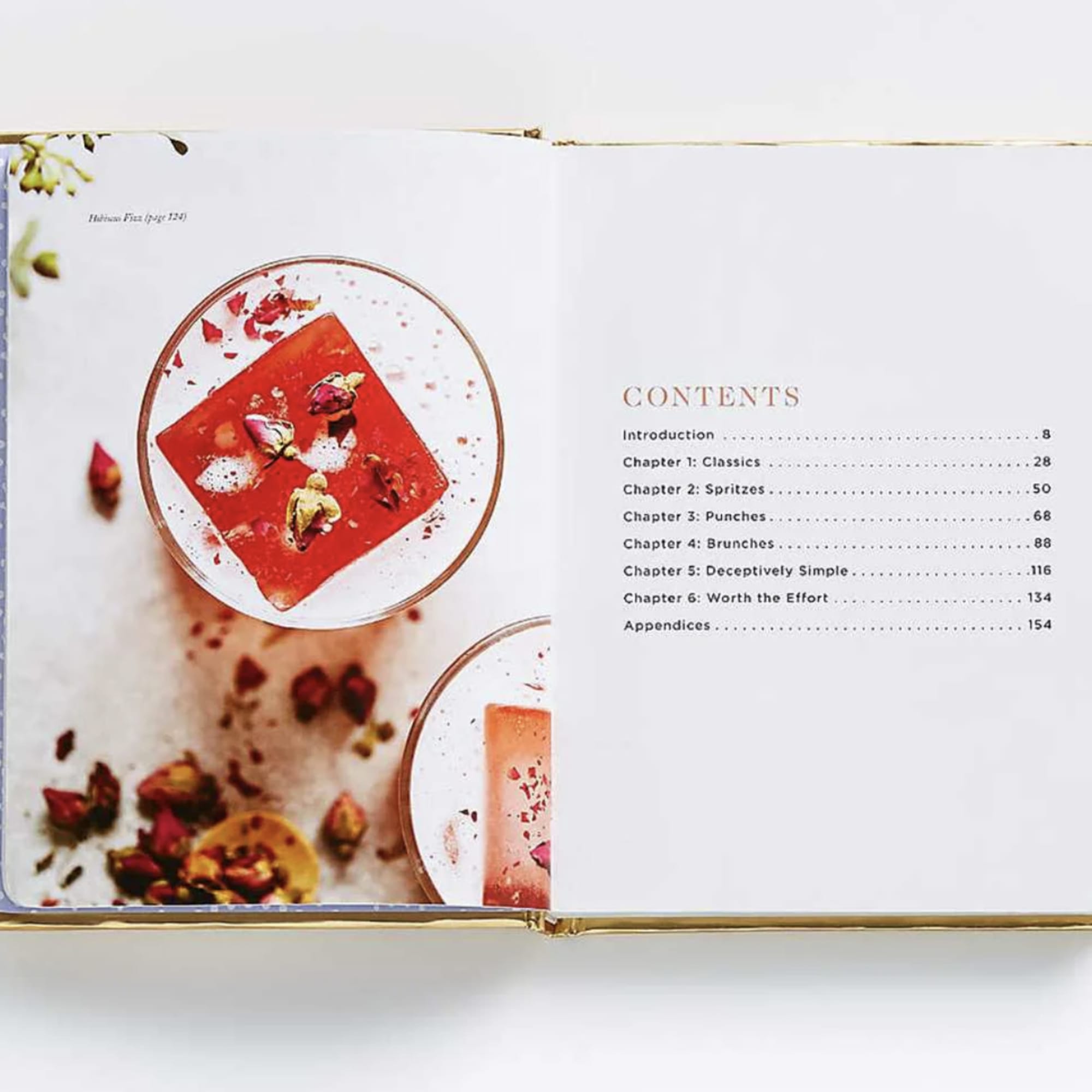 Open book showing a cocktail photo and contents page