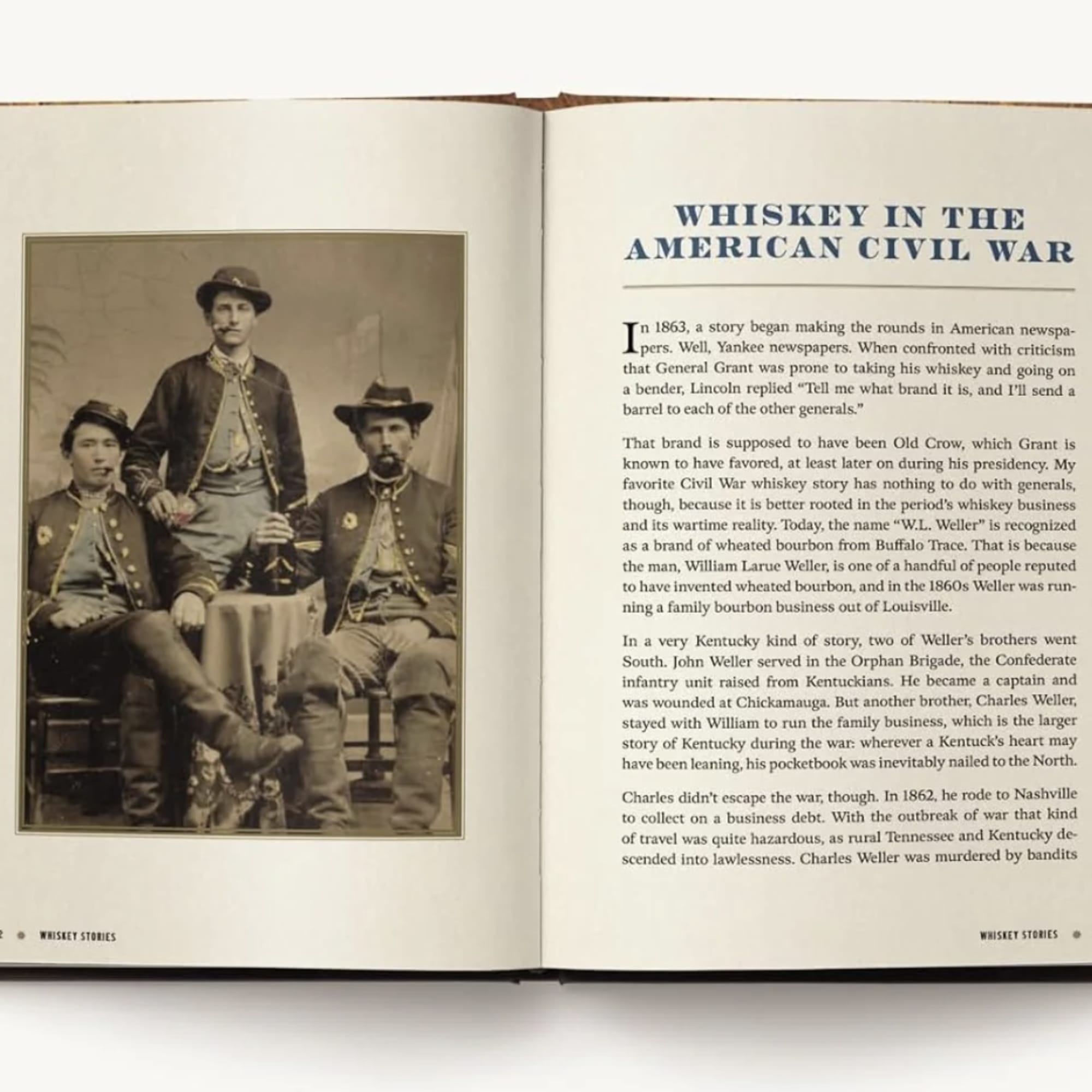Open book showing a Civil War photo and text about whiskey