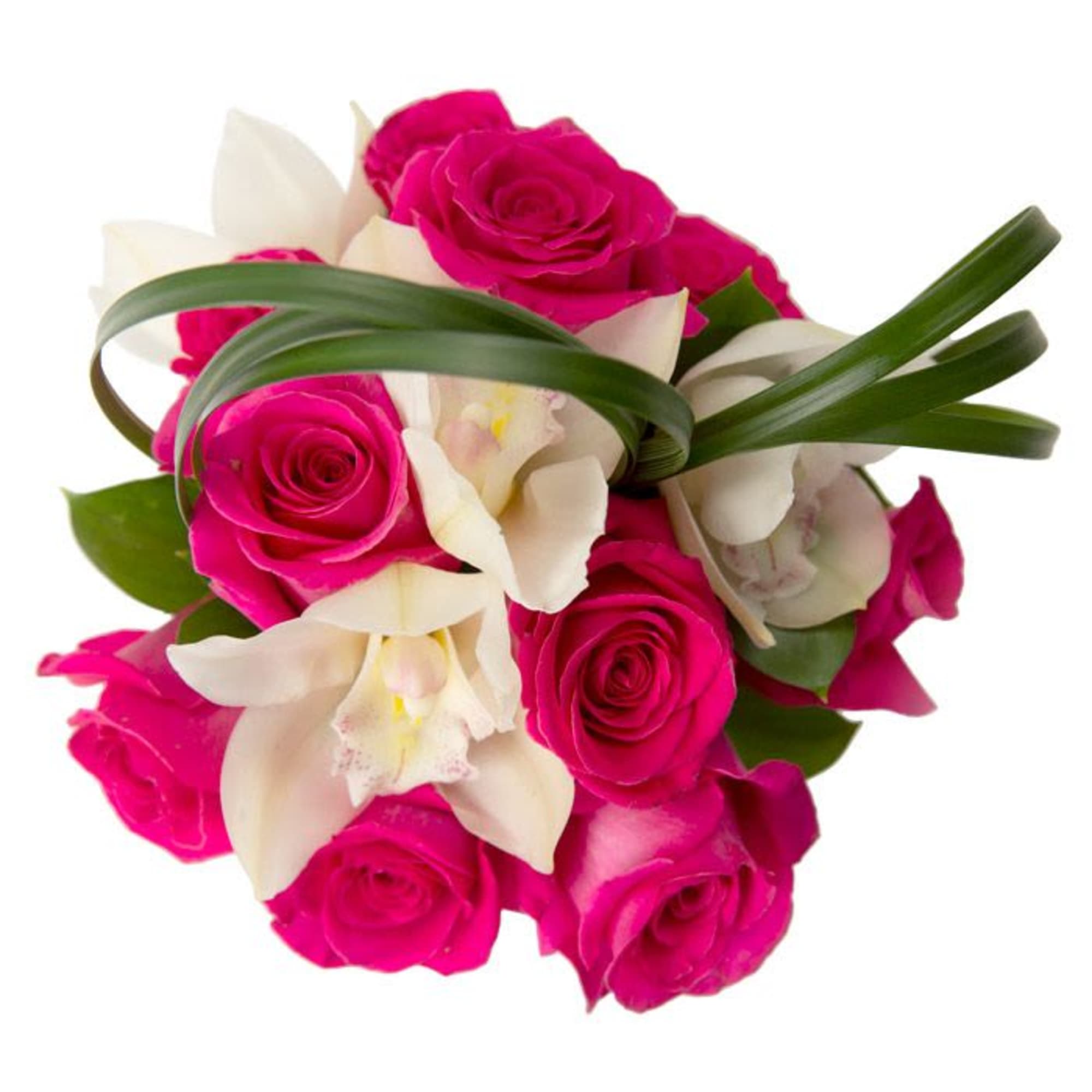 Compact bouquet of hot pink roses and white orchids with looped green blades on a white background