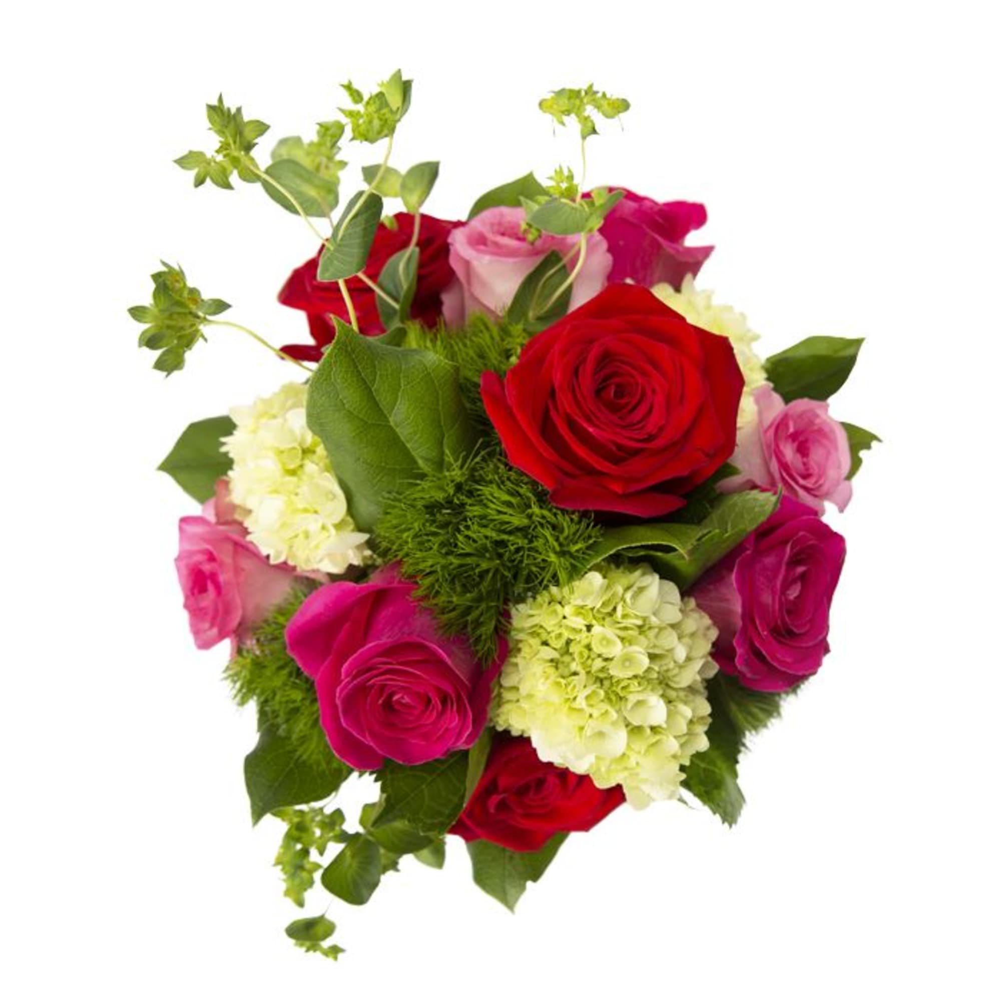 Round bouquet of red and hot pink roses with pale green hydrangea and green accents.