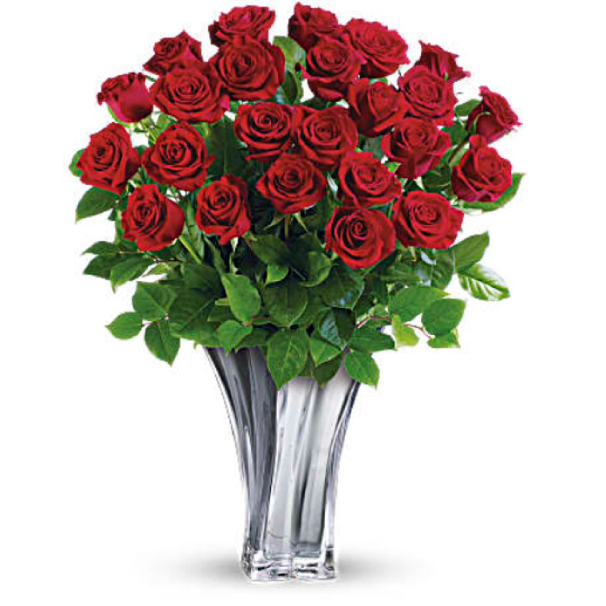 Bouquet of red roses in a clear glass vase