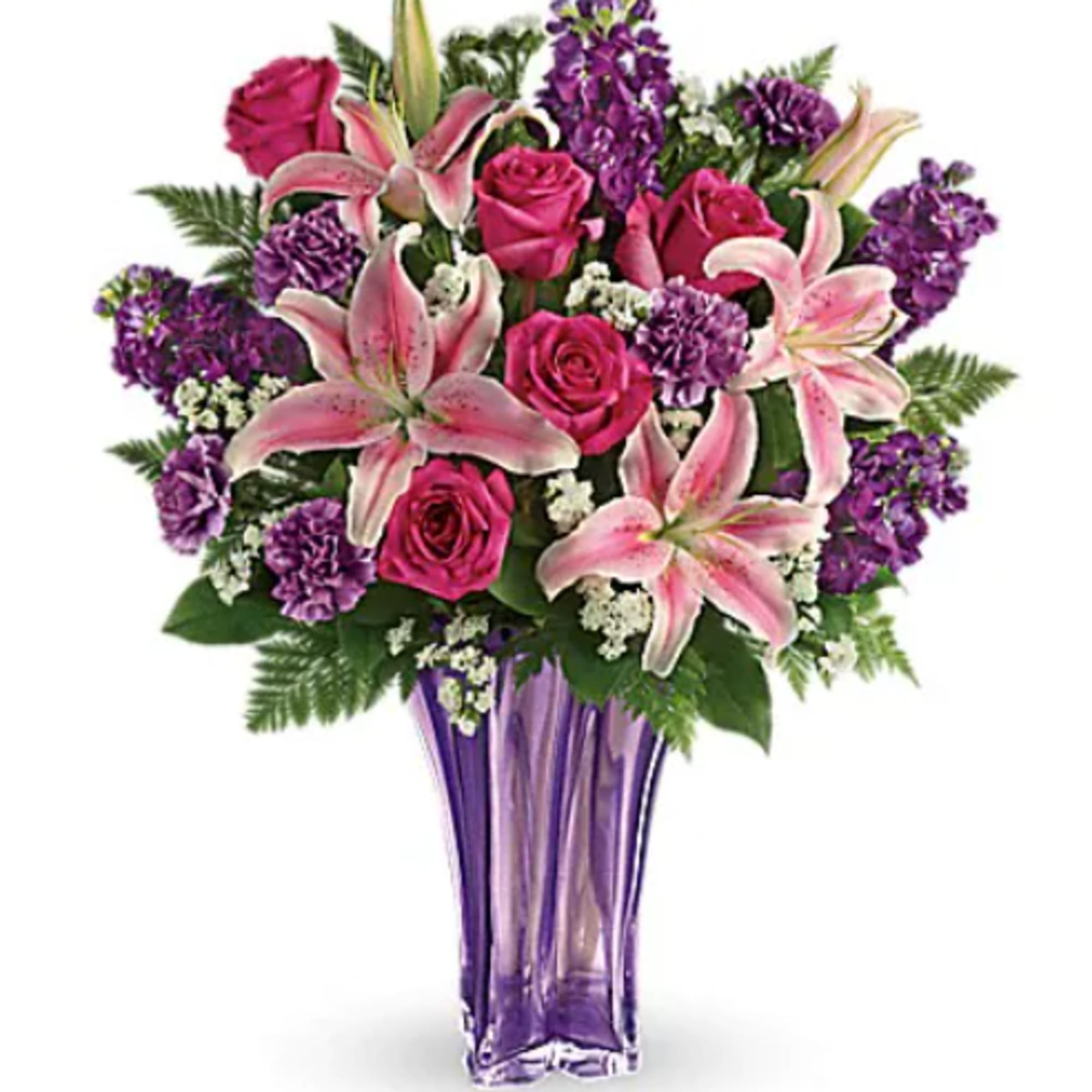 Pink roses and lilies arranged in a purple vase