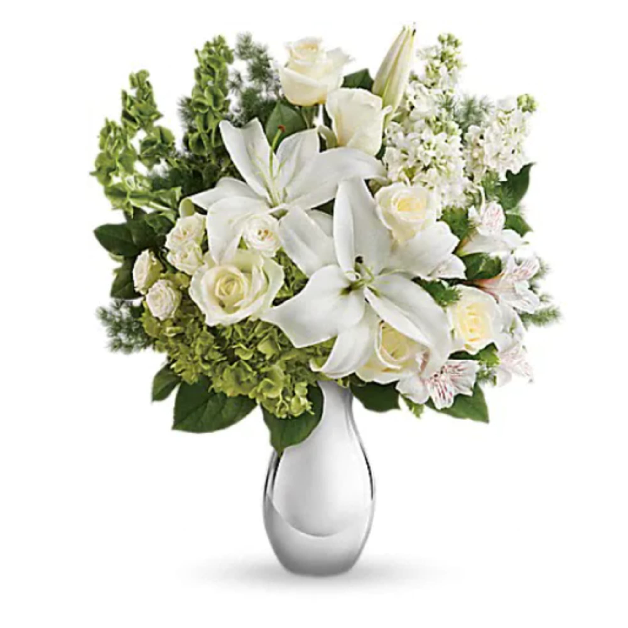 All is calm, all is white in this exquisite bouquet featuring white