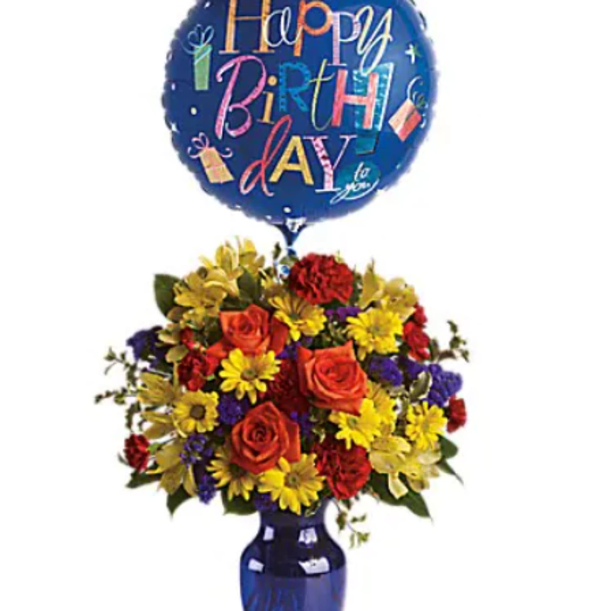 Birthday balloon above a colorful flower arrangement in a blue vase