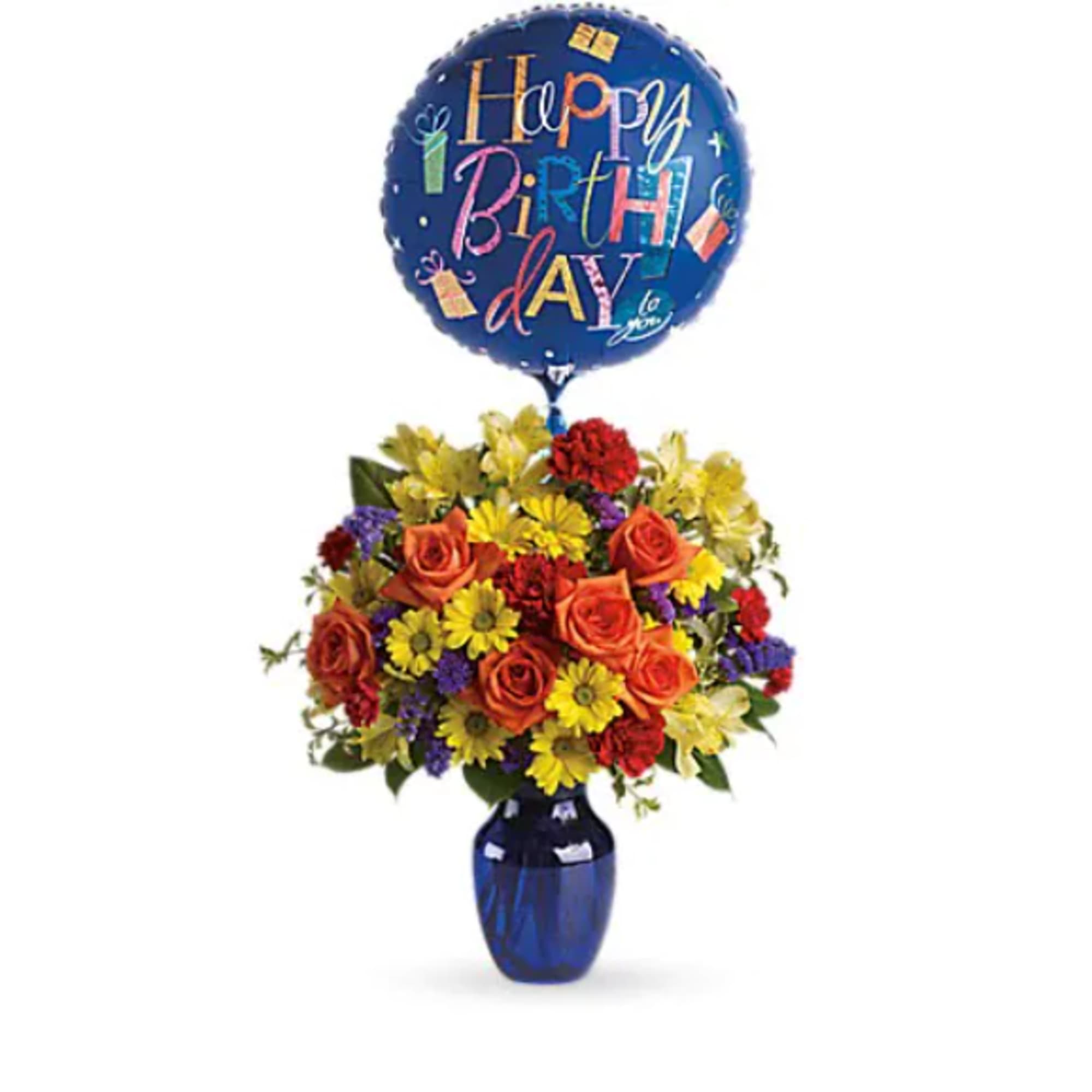 Birthday balloon above a colorful mixed flower arrangement in a blue vase