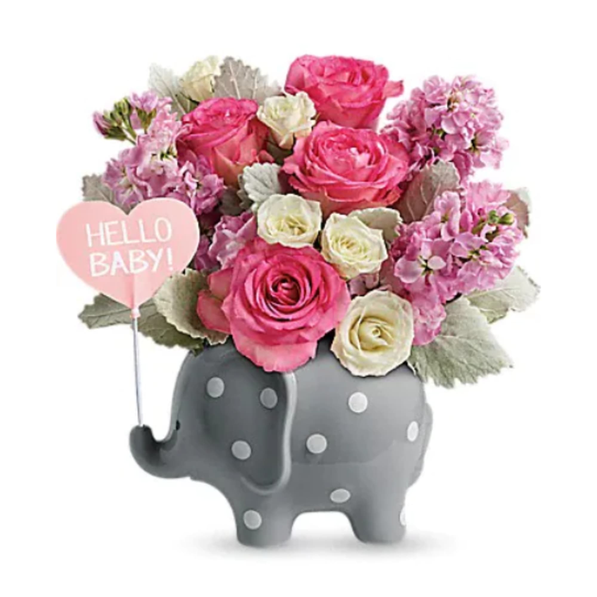 Pink and white flower arrangement in a gray elephant vase with a "Hello Baby!" sign