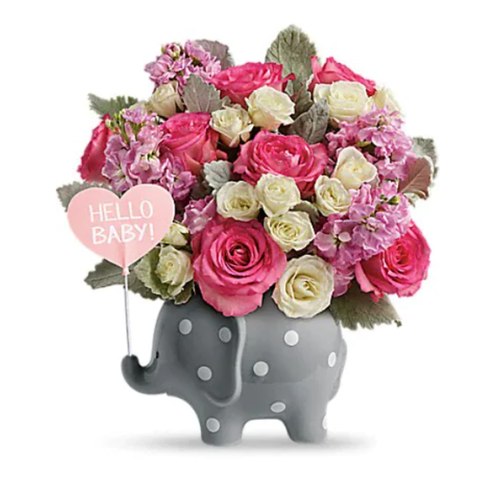 Pink and cream rose bouquet in a gray elephant vase with a "Hello Baby!" sign