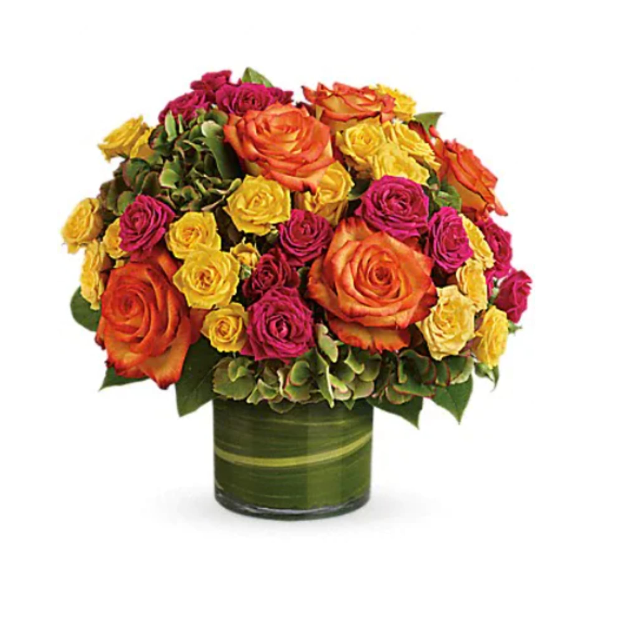 Bouquet of orange, pink, and yellow roses in a green glass vase