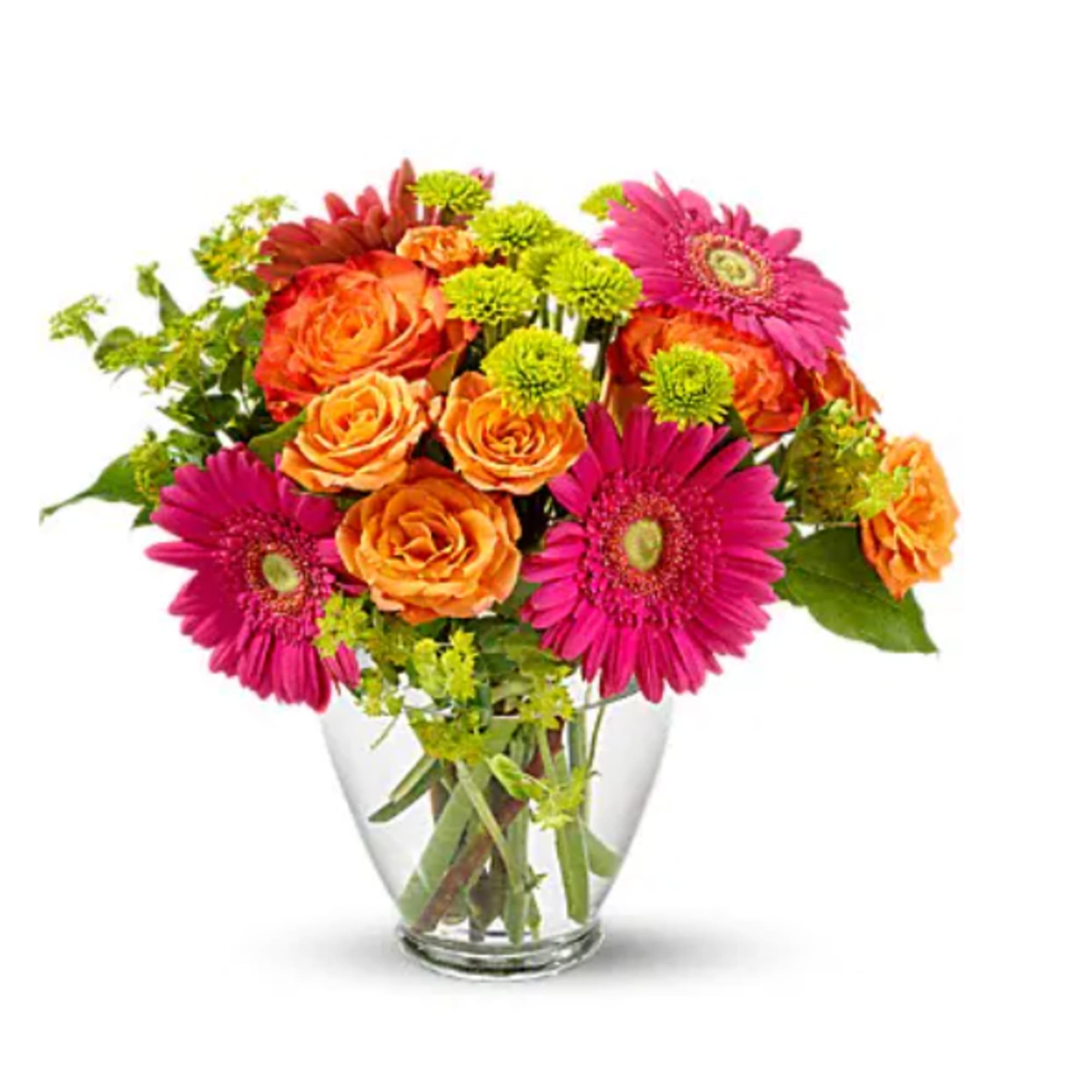 Bouquet of orange roses and pink gerbera daisies in a clear glass vase