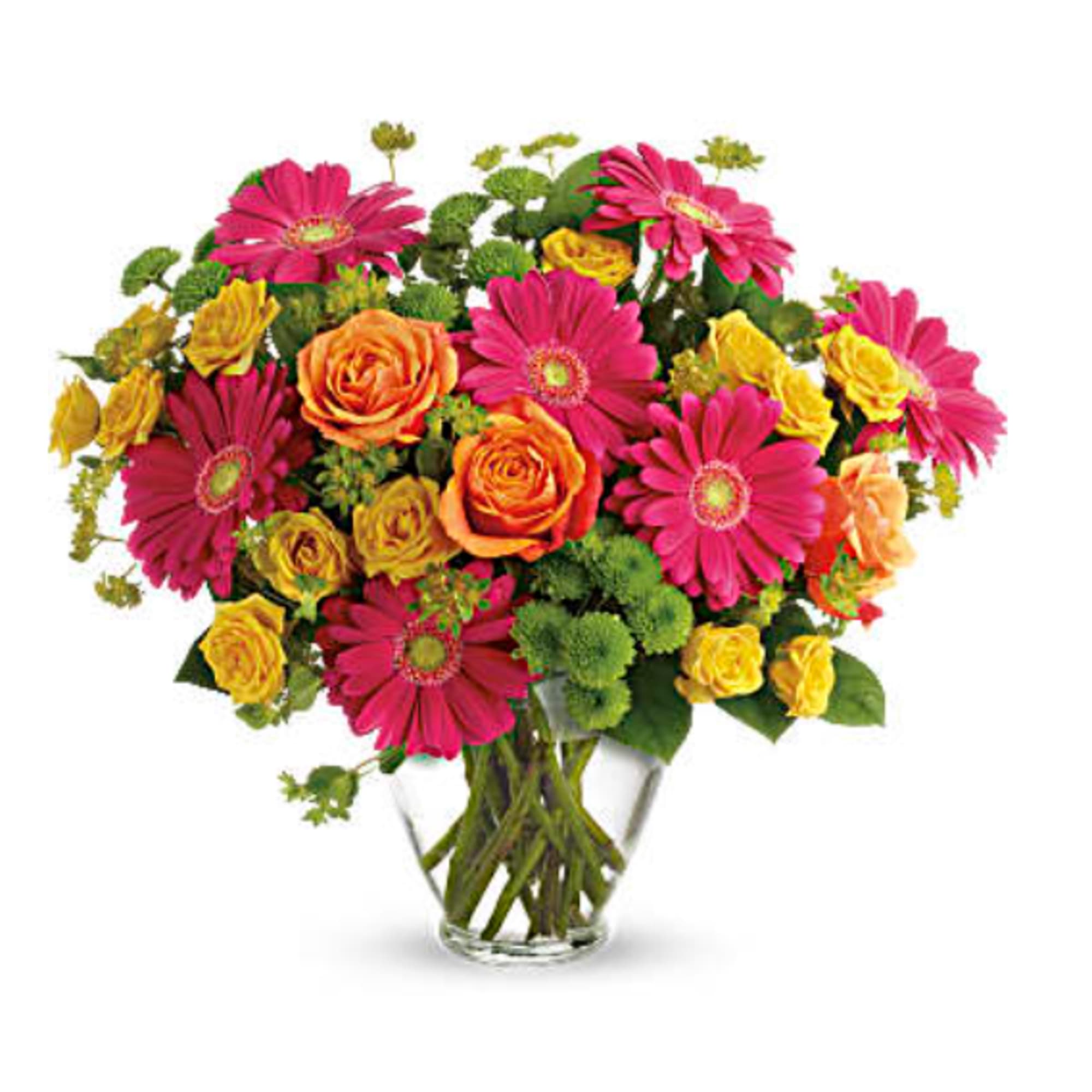 Bouquet of pink gerbera daisies and yellow-orange roses in a clear glass vase