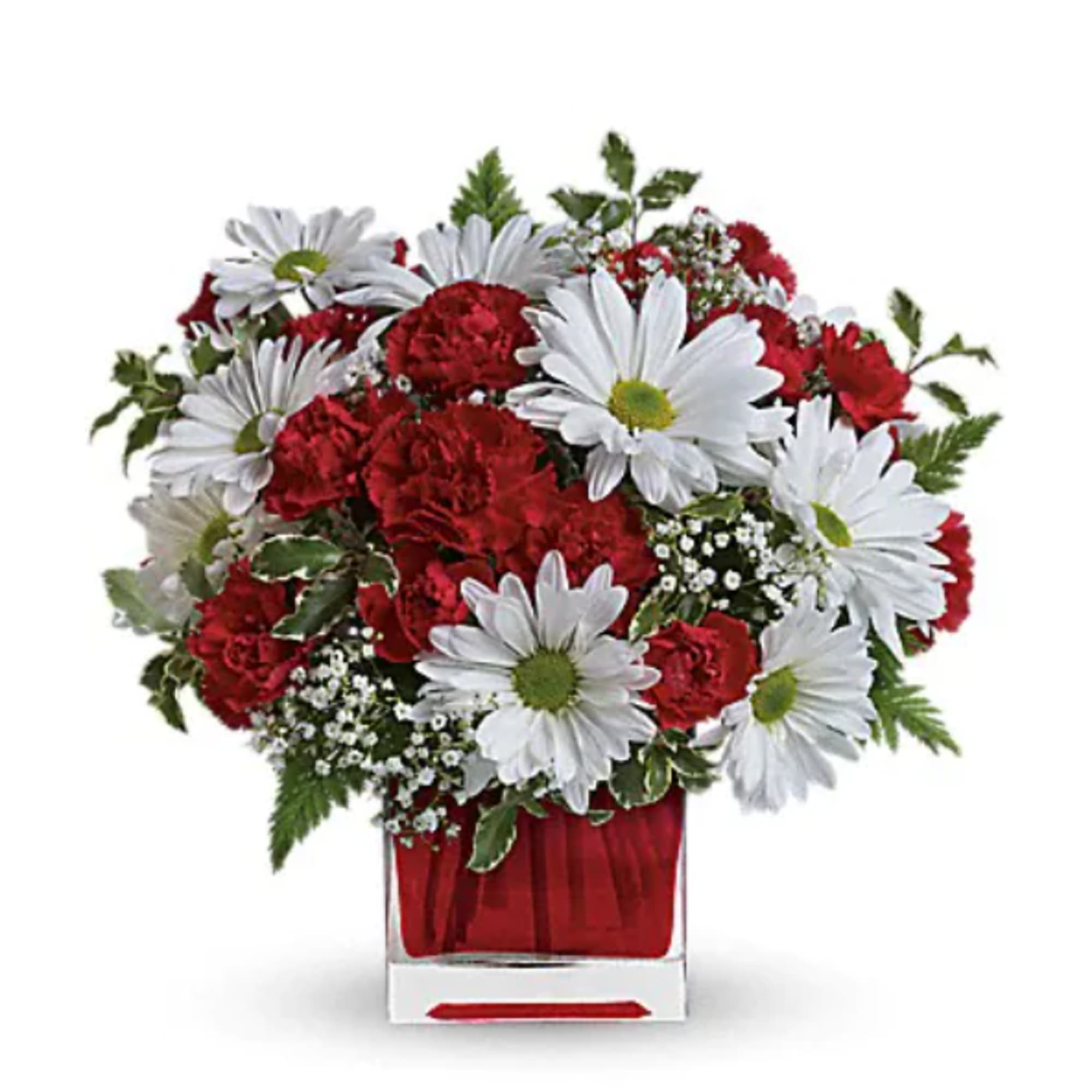 Red carnations and white daisies in a clear square vase