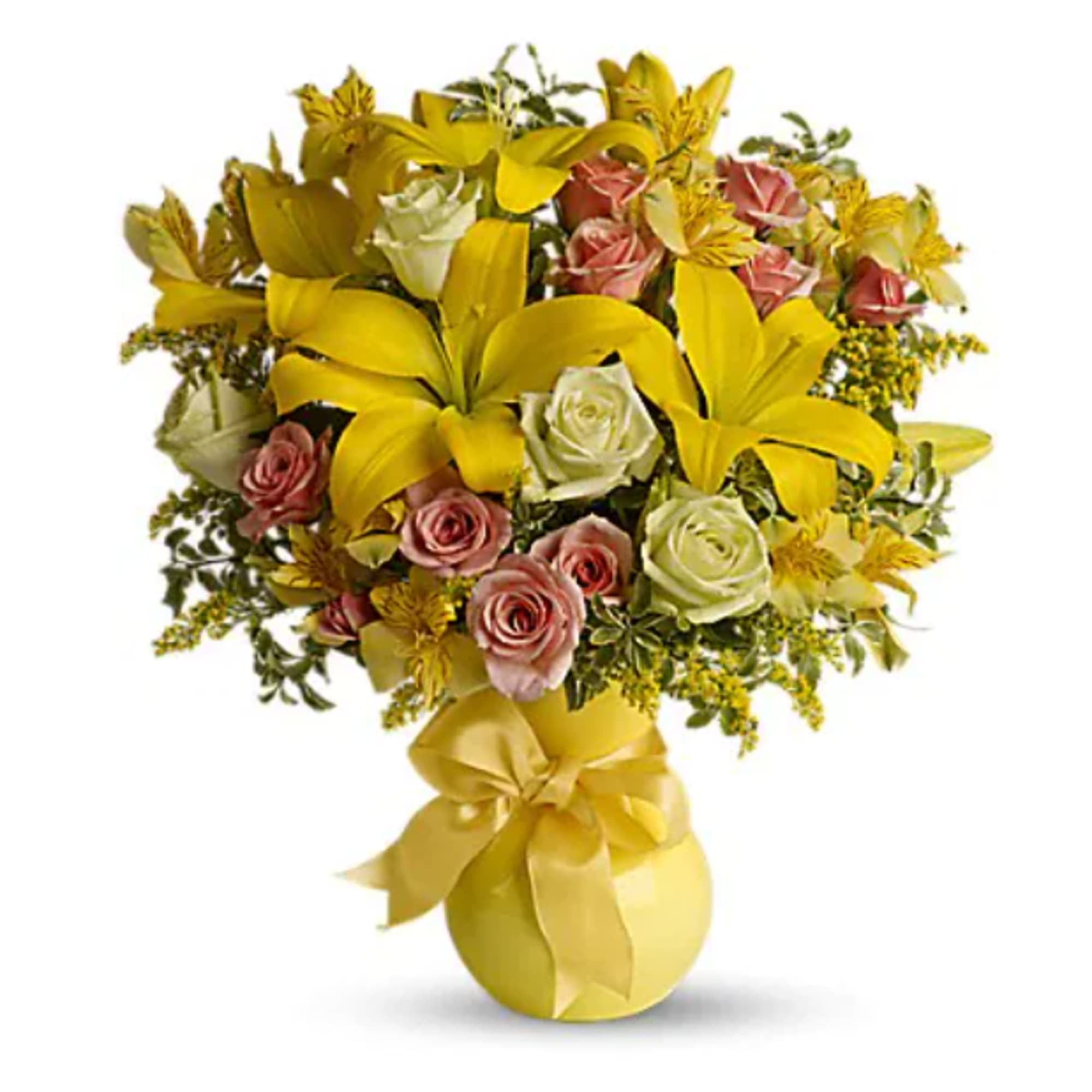Yellow lily and rose bouquet in a gold vase with a ribbon
