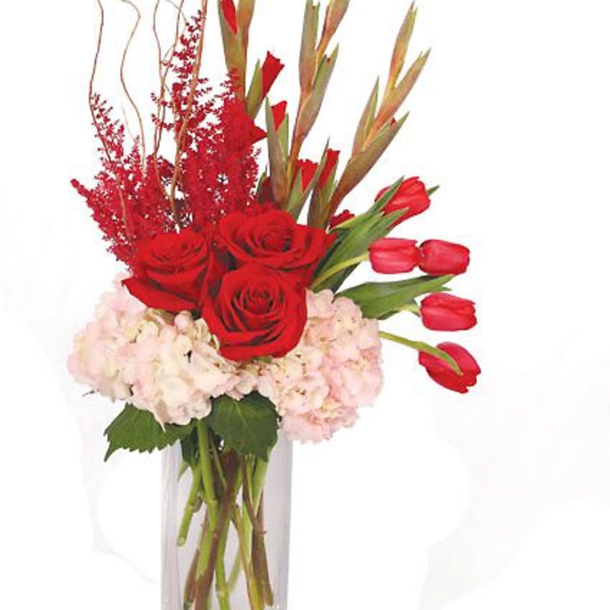 Clear Tall Rectangular Vase , Curly Willow , Flowers: Light Pink Hydrangea