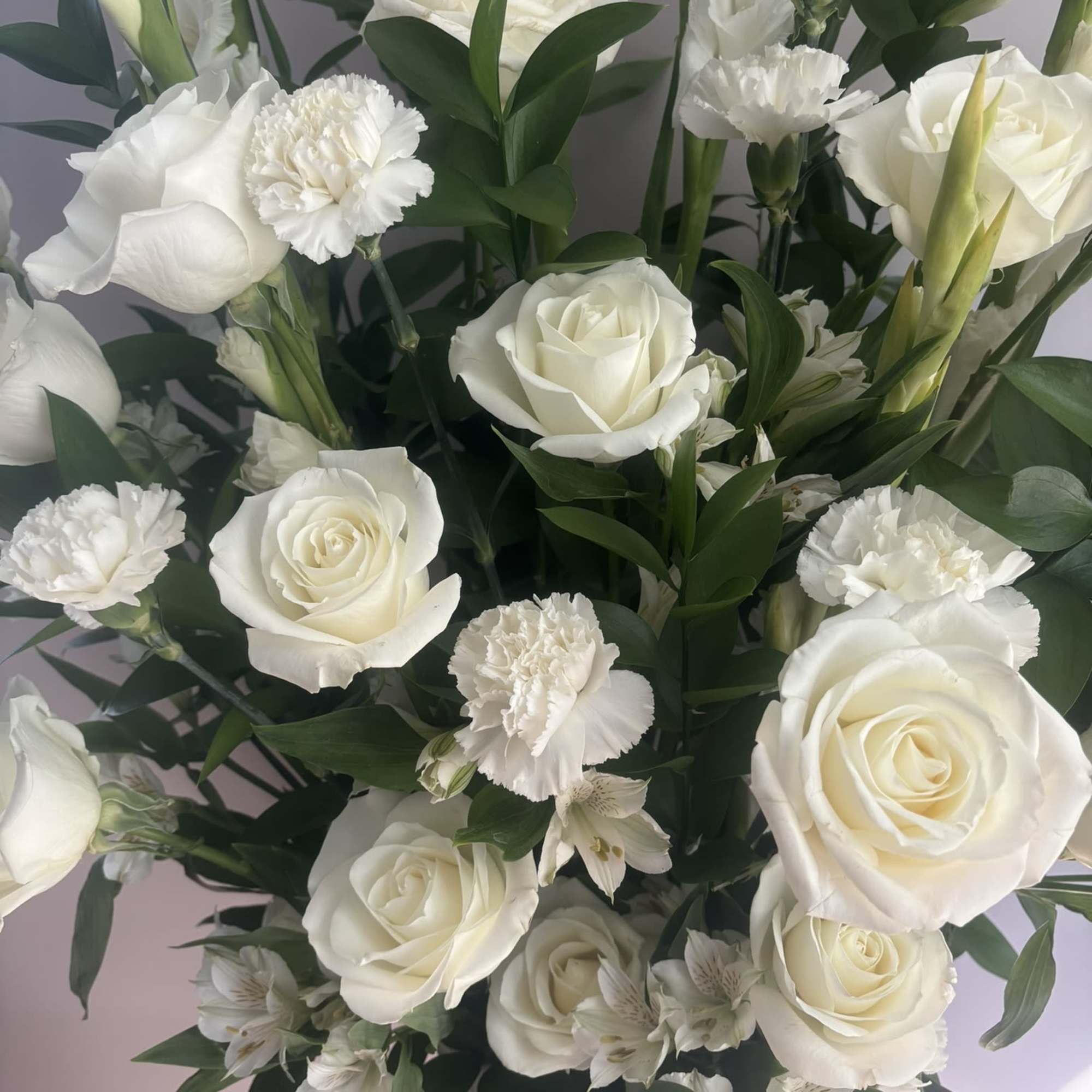 White roses and carnations in a vase with dark green foliage