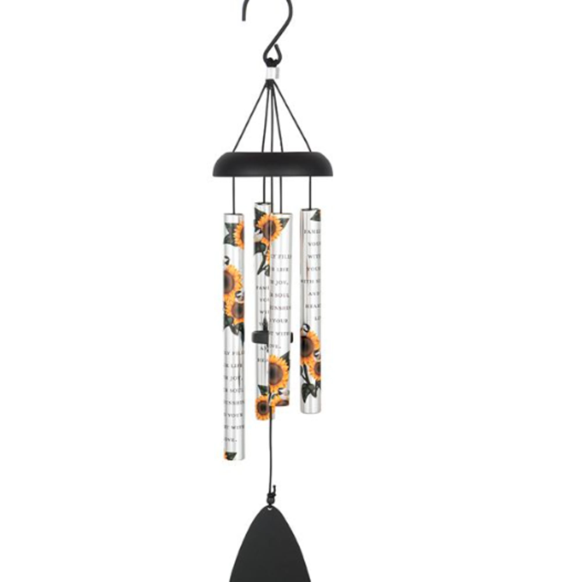 These aluminum 21" wind chimes with a sunflower design feature the saying