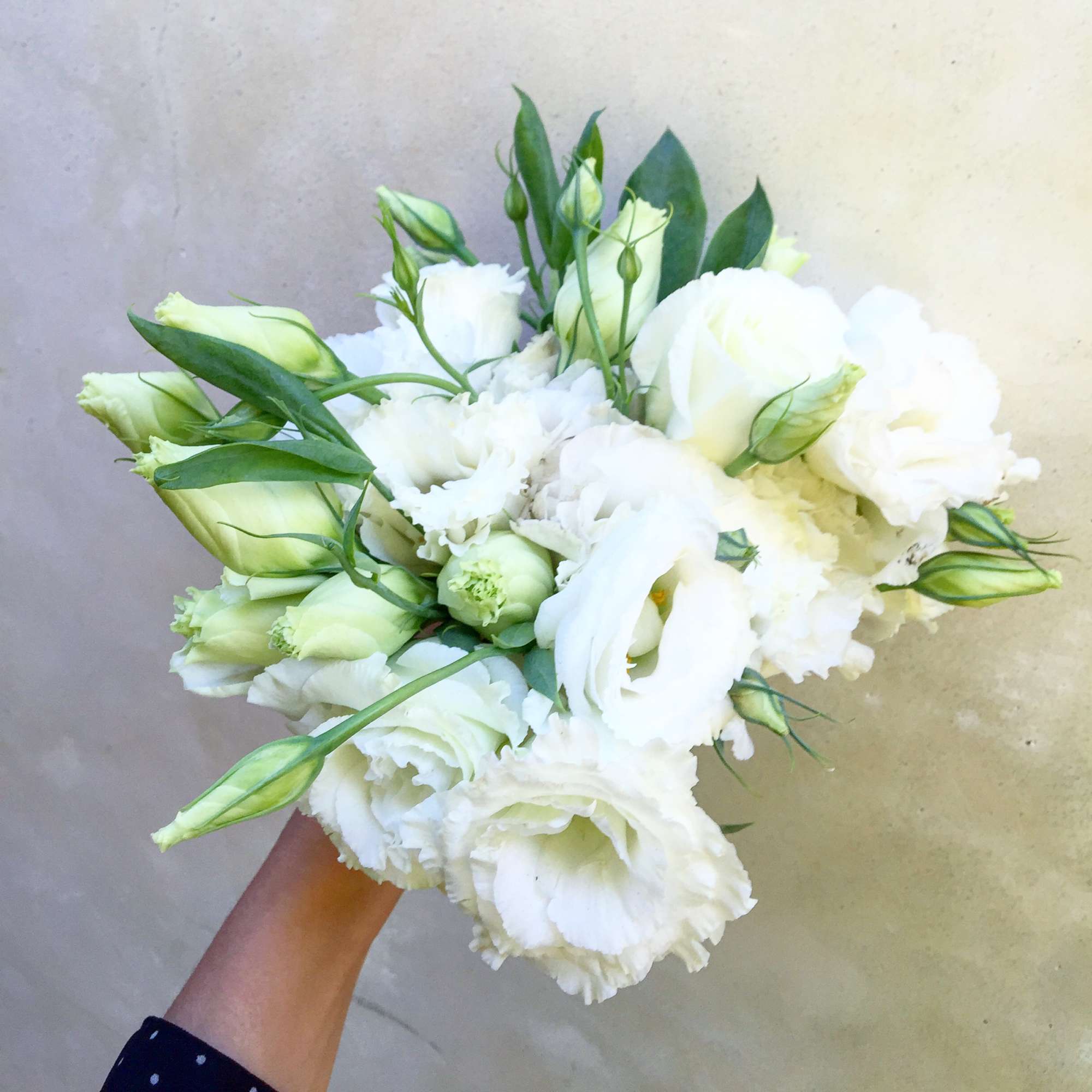 White bouquet of lisianthus flowers with green buds