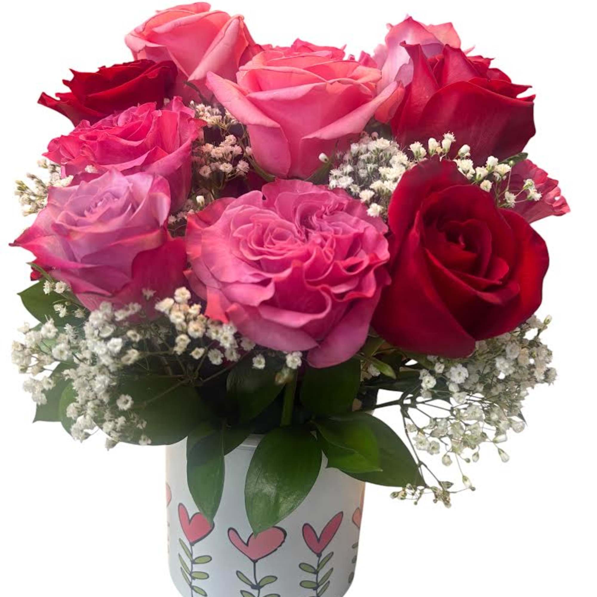 A lush, tightly packed bouquet of Premium red, pink roses with delicate