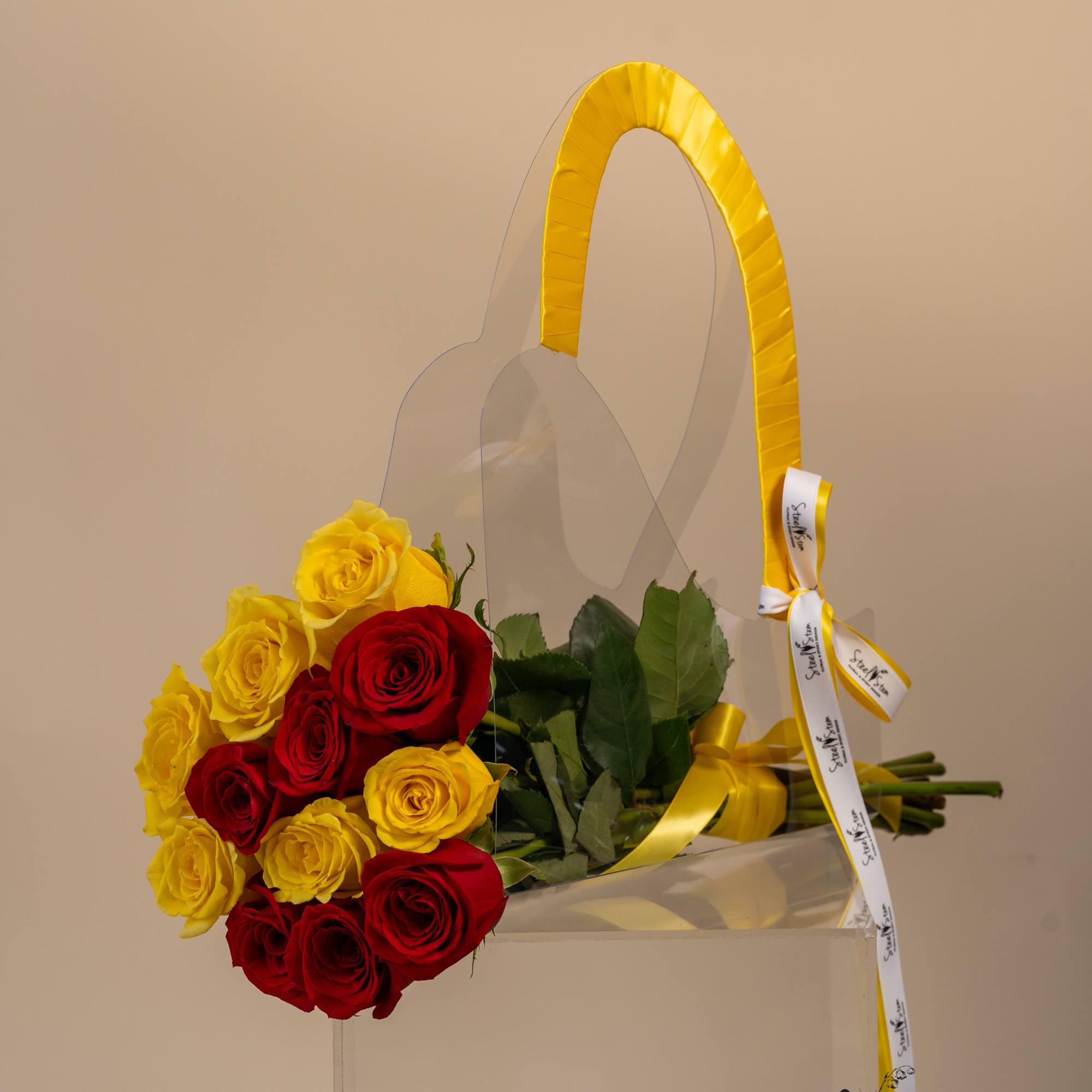 Yellow and red Rose Tote Bouquet is the elegance and sophistication, designed