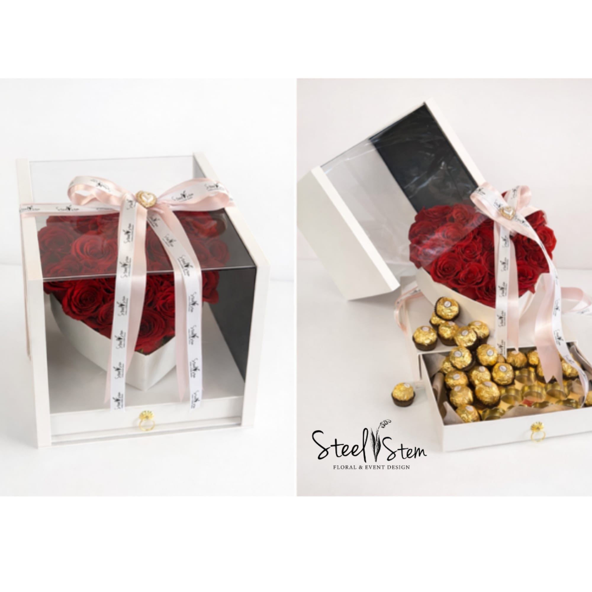 Heart-shaped red rose box with a ribbon and chocolates
