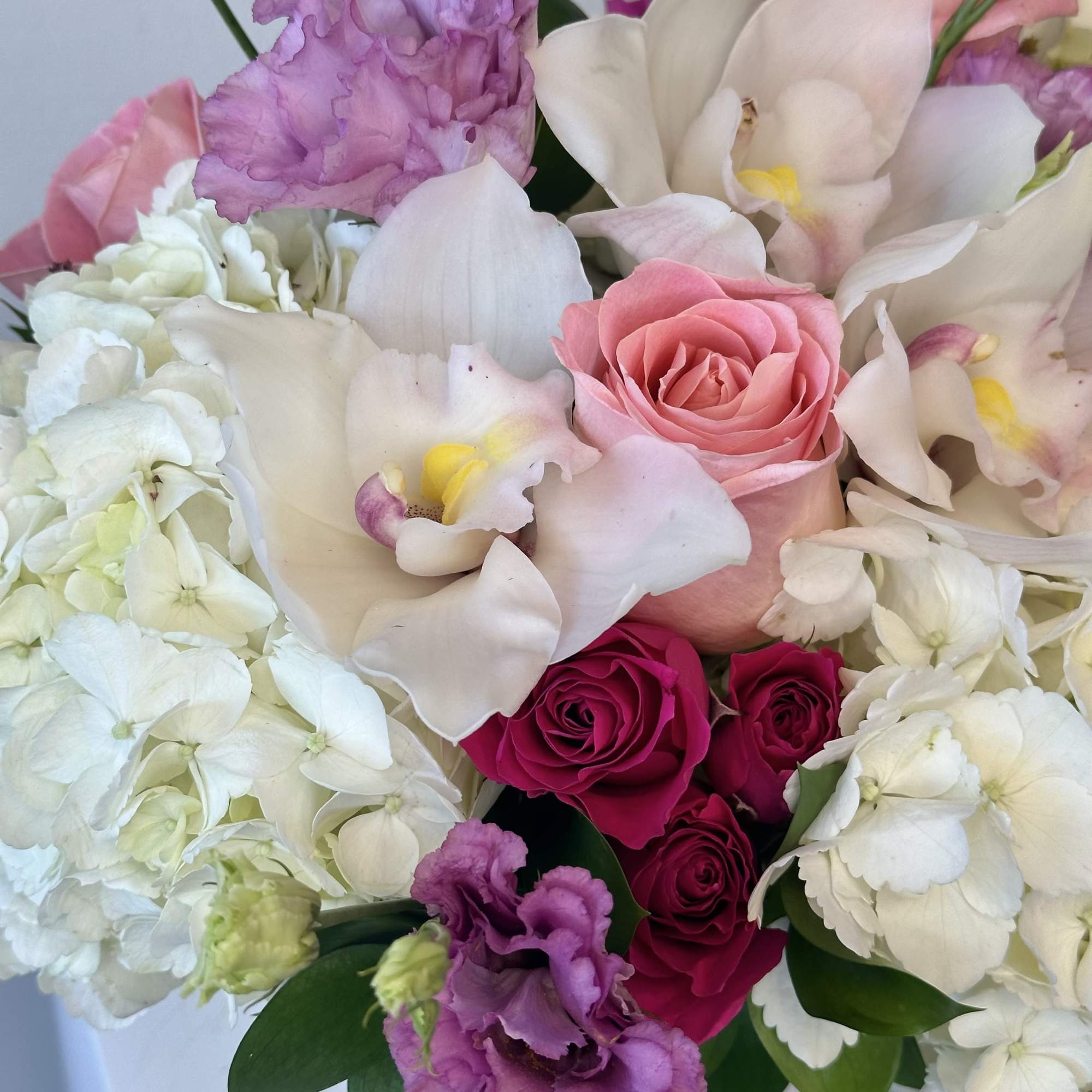 Bouquet of pink roses, white orchids, and white hydrangeas