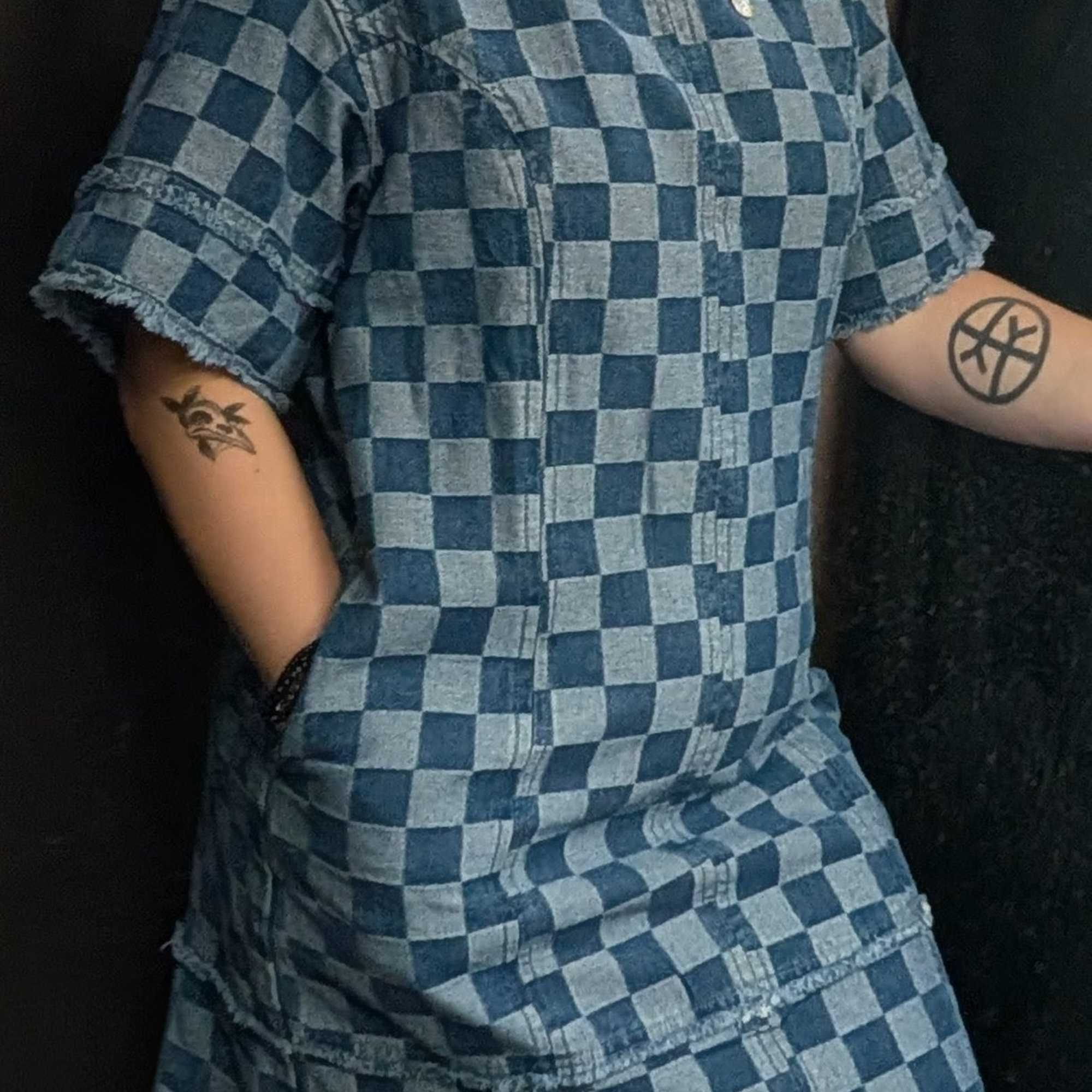 A checkered denim dress with a zipper in the back, and pockets.