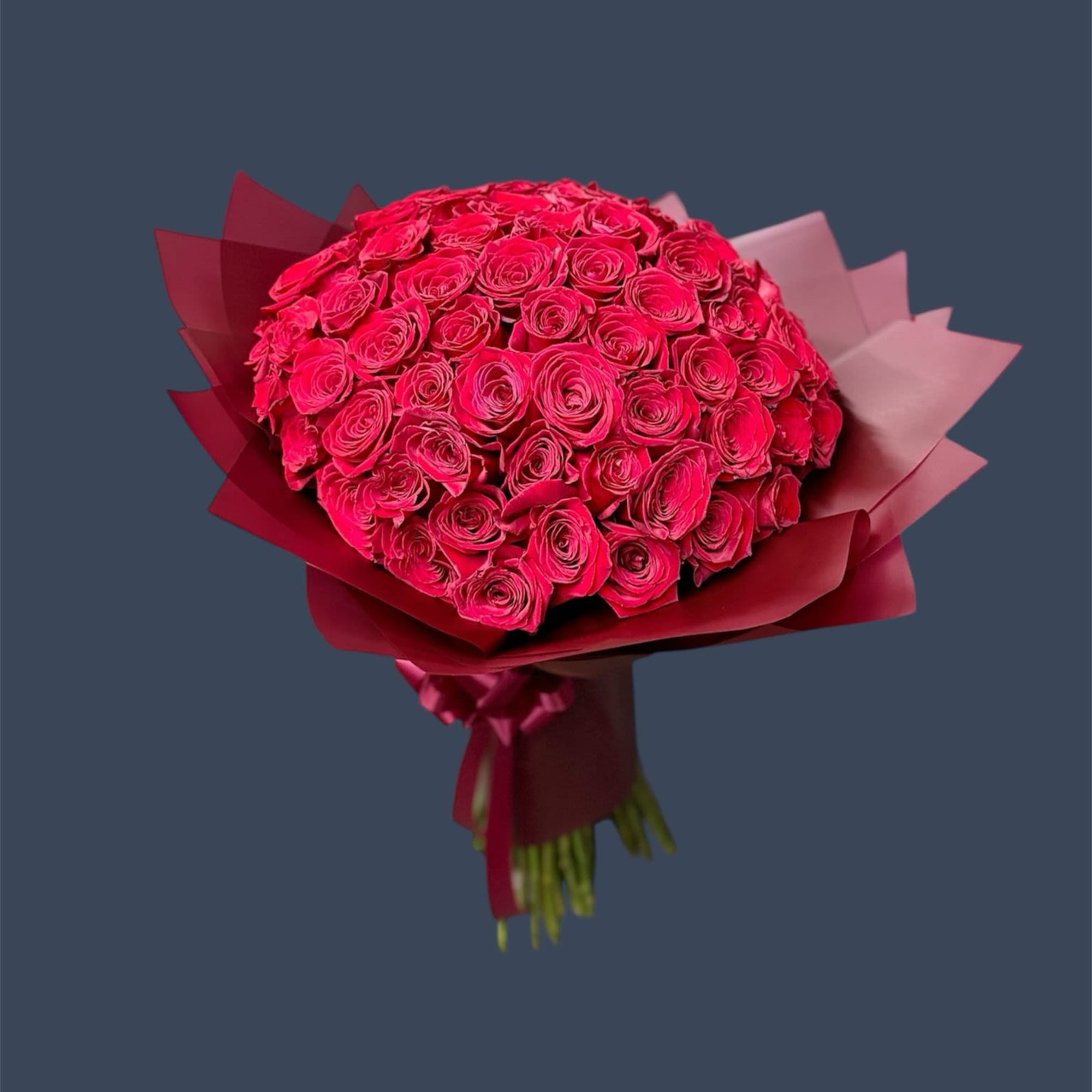 Large bouquet of hot pink roses wrapped in burgundy paper